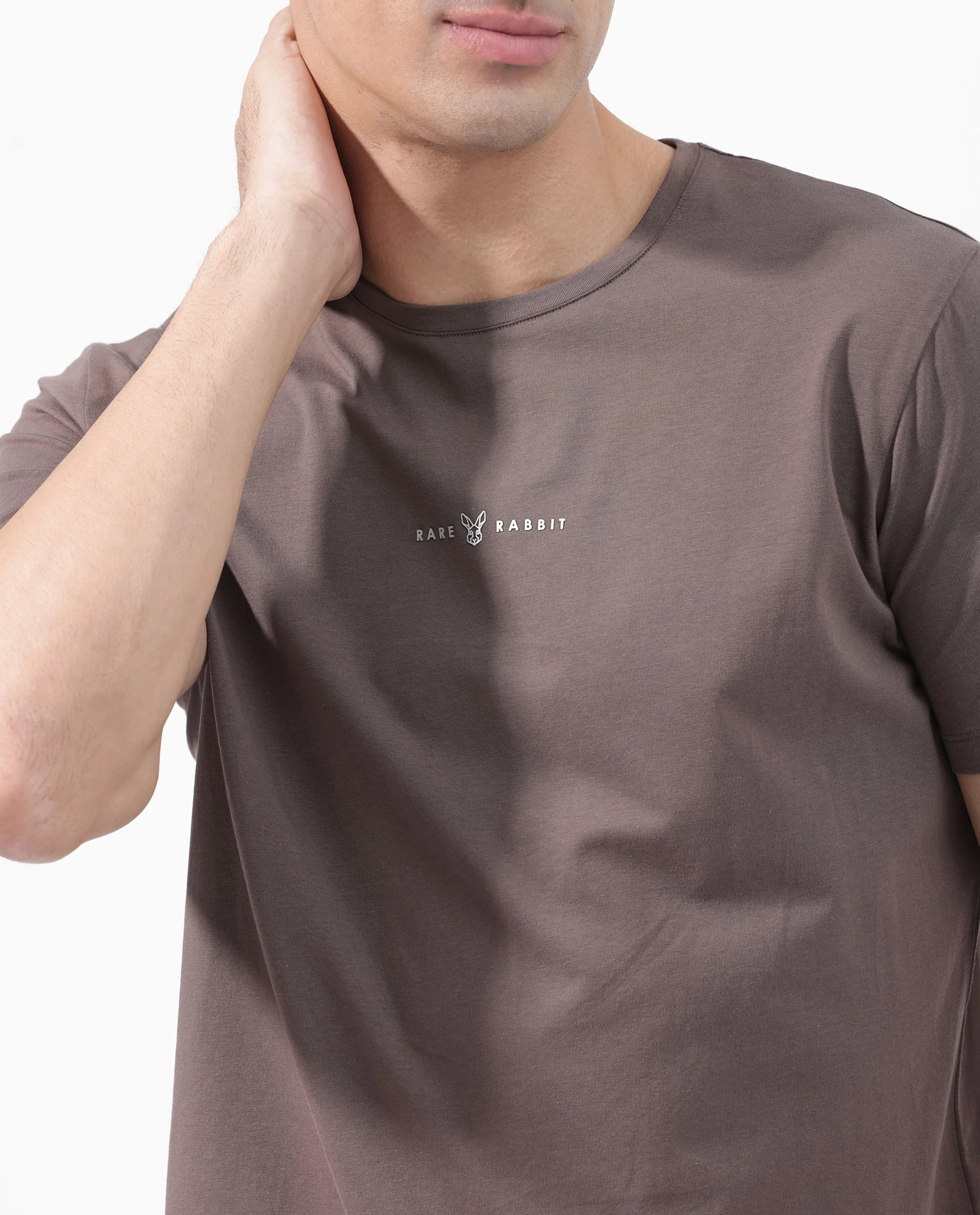 Rare Rabbit Men's Rabbitz Brown Cotton Blend Plain Regular Fit Half Sleeve Crew Neck T-Shirt - Image 3