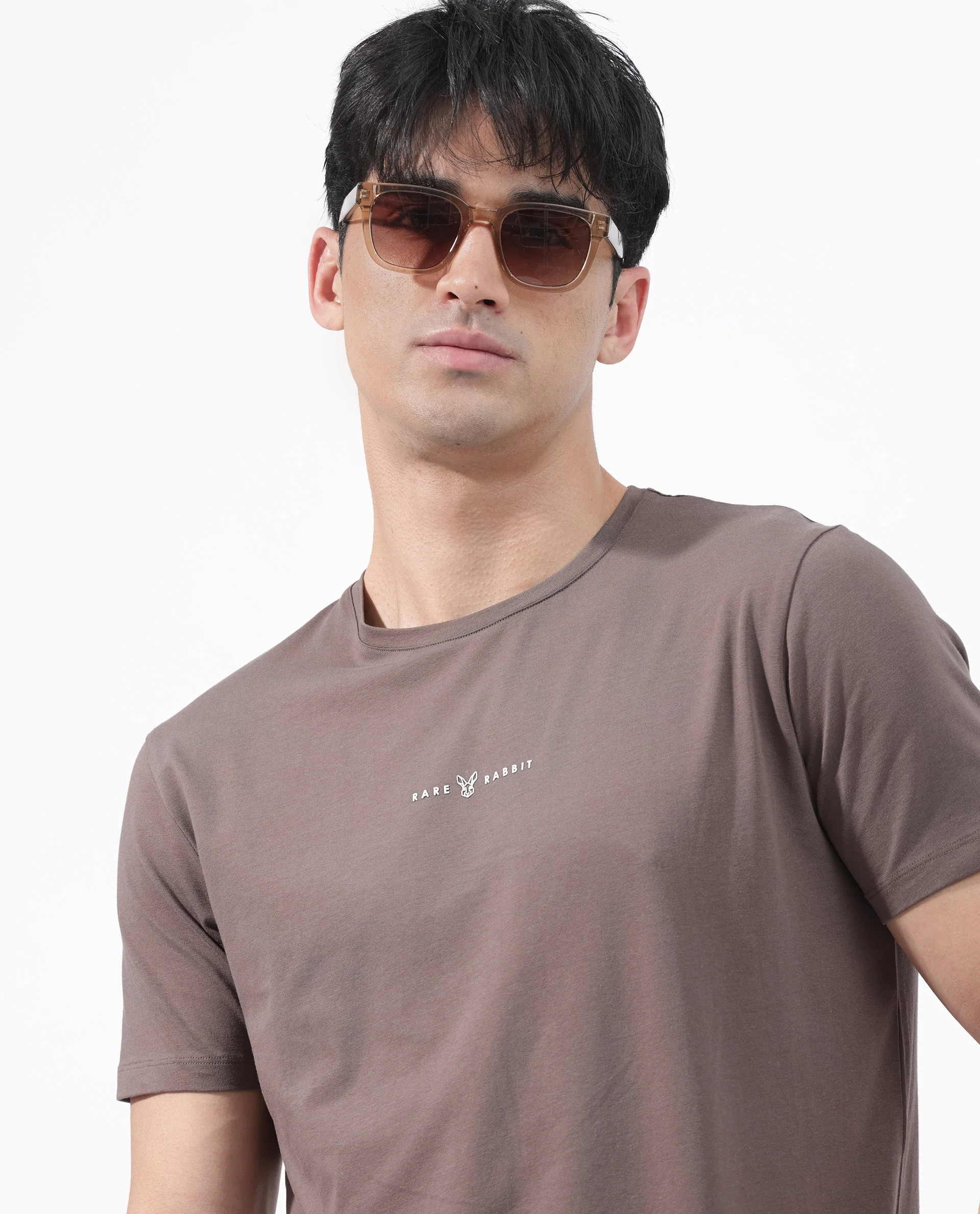 Rare Rabbit Men's Rabbitz Brown Cotton Blend Plain Regular Fit Half Sleeve Crew Neck T-Shirt - Image 4