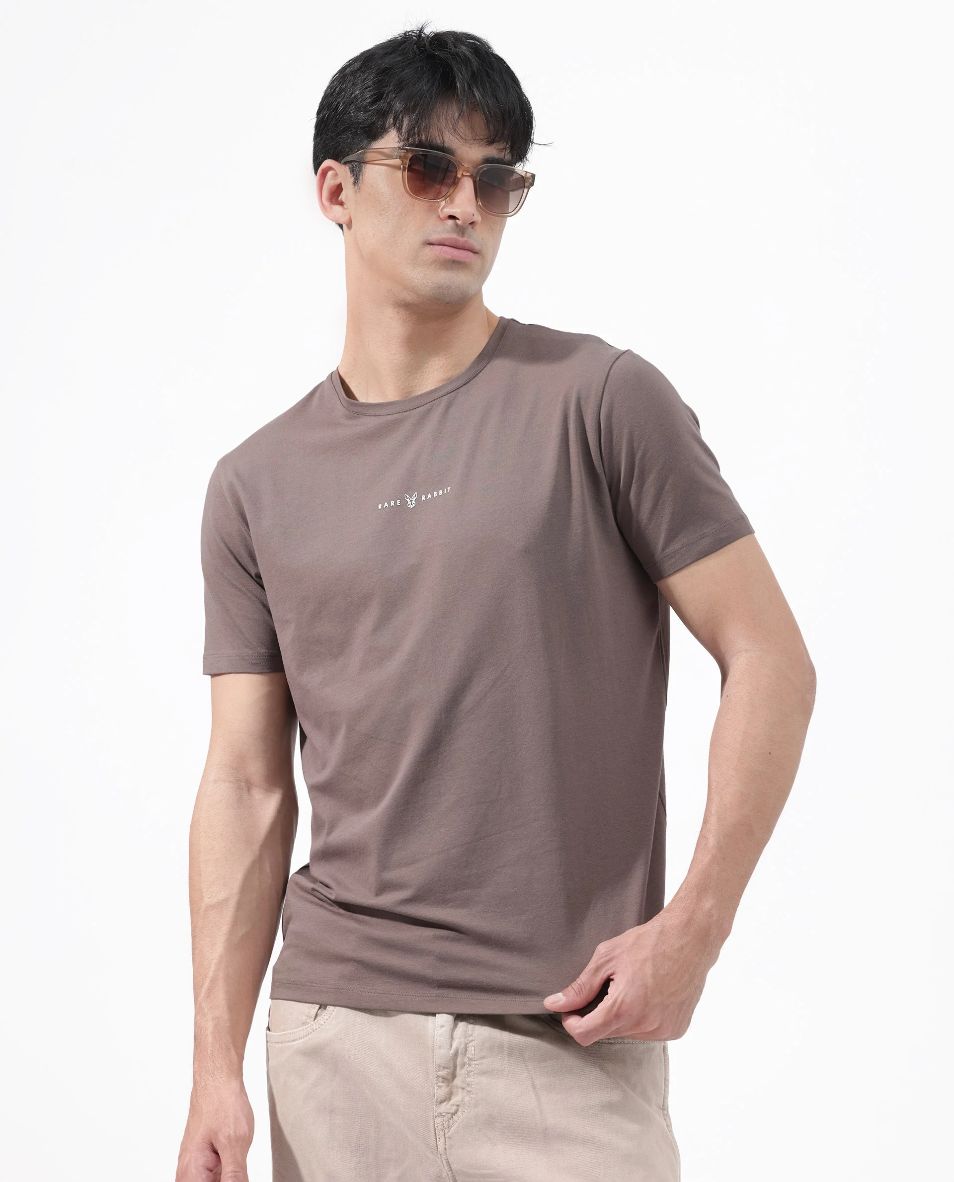 Rare Rabbit Men's Rabbitz Brown Cotton Blend Plain Regular Fit Half Sleeve Crew Neck T-Shirt - Image 5