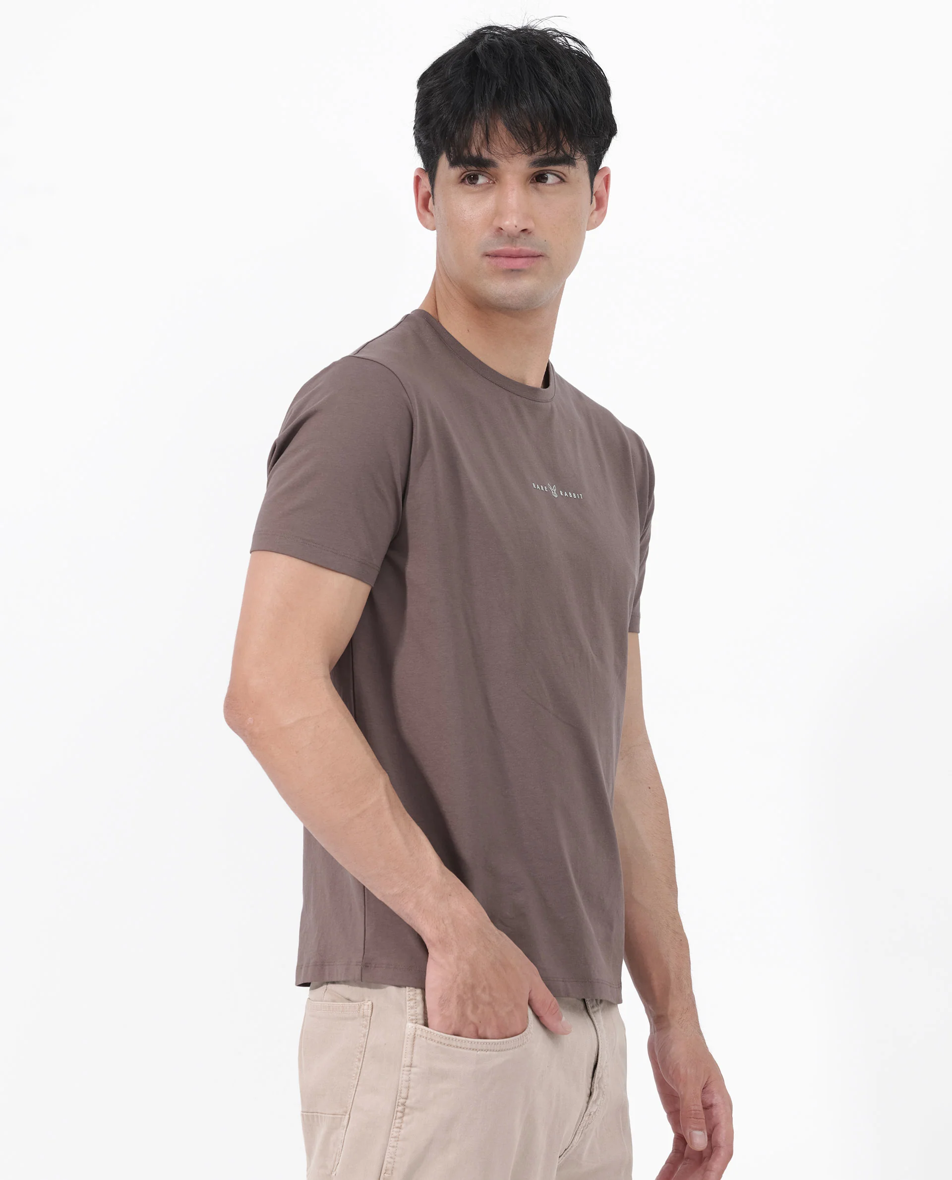 Rare Rabbit Men's Rabbitz Brown Cotton Blend Plain Regular Fit Half Sleeve Crew Neck T-Shirt - Image 6