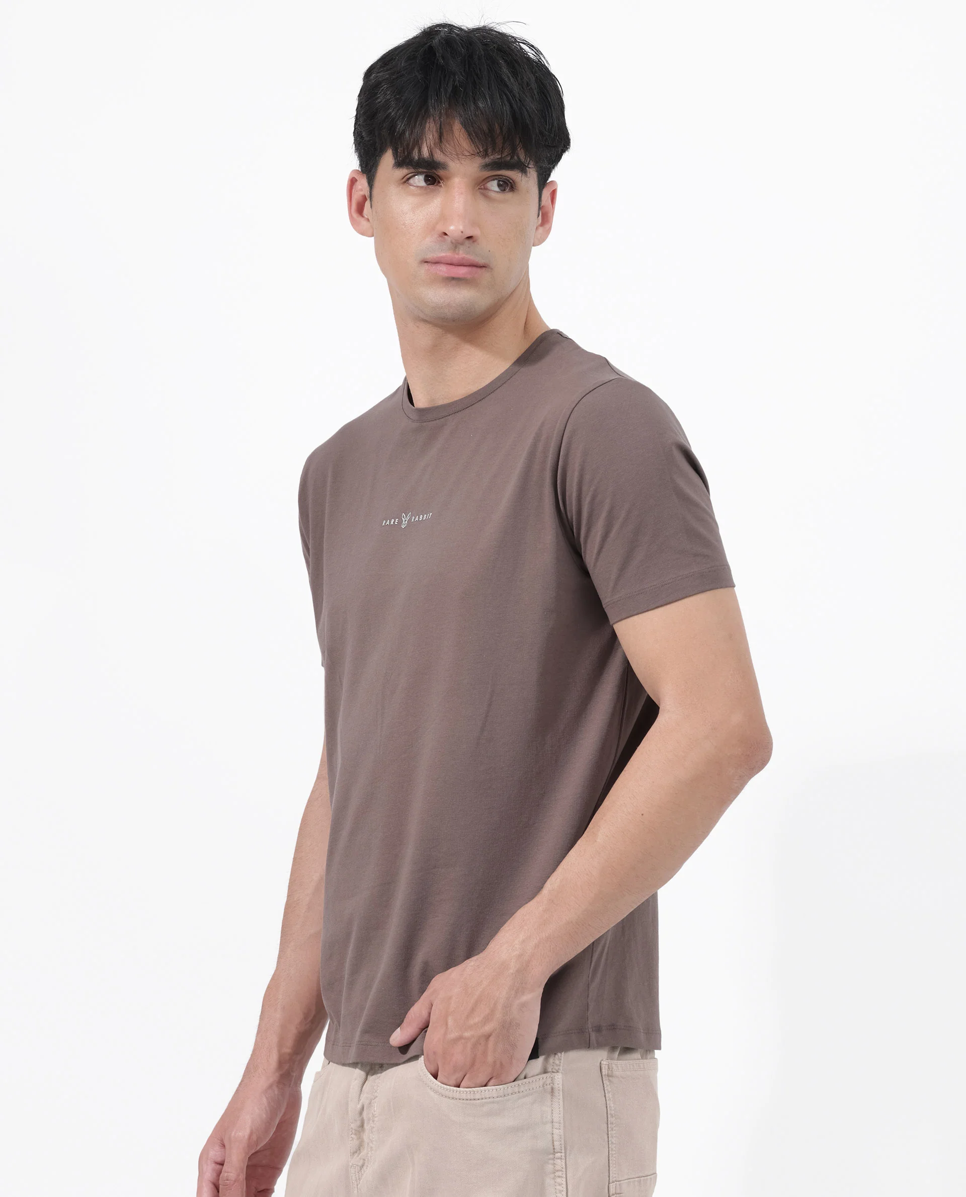 Rare Rabbit Men's Rabbitz Brown Cotton Blend Plain Regular Fit Half Sleeve Crew Neck T-Shirt - Image 8