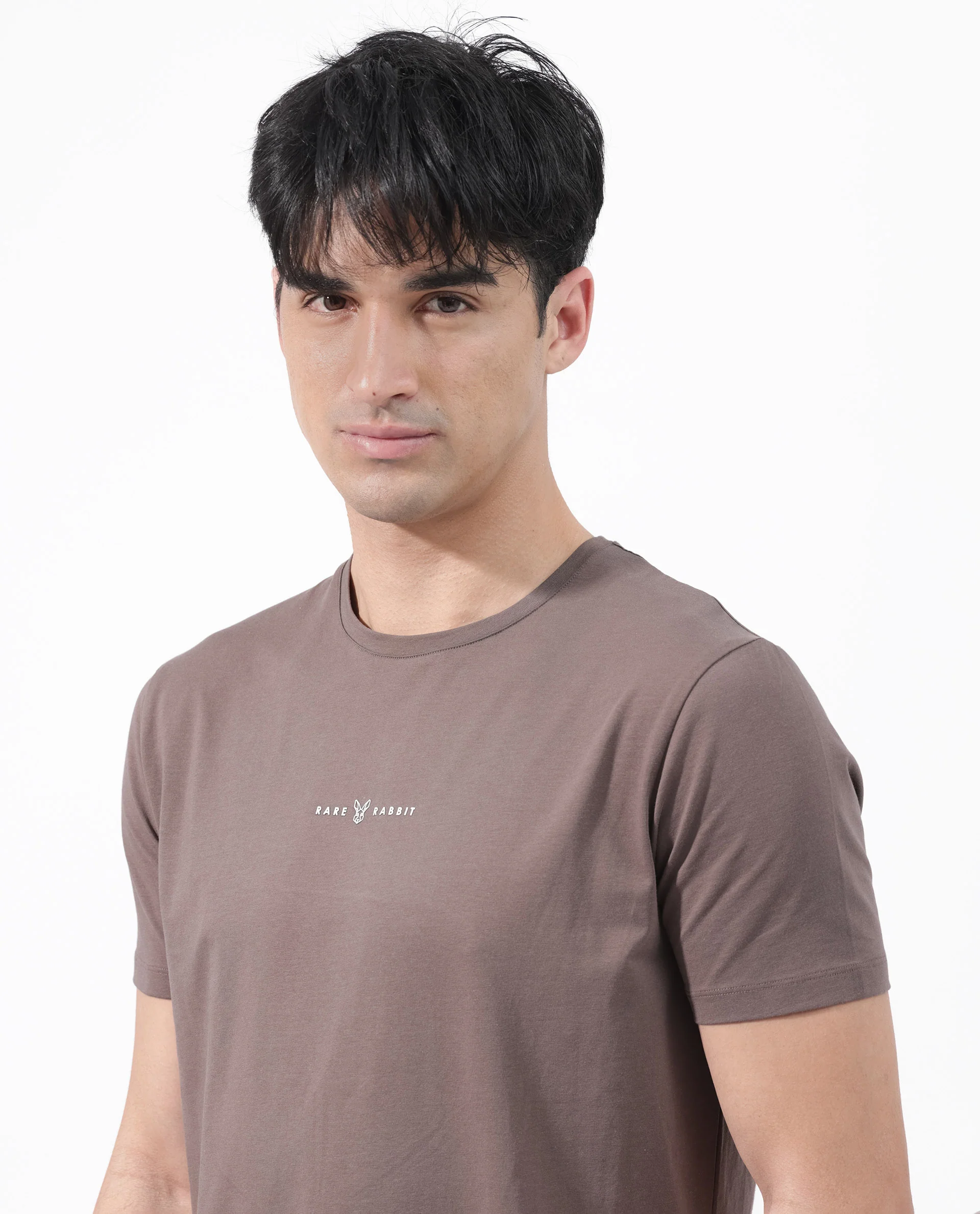 Rare Rabbit Men's Rabbitz Brown Cotton Blend Plain Regular Fit Half Sleeve Crew Neck T-Shirt - Image 9