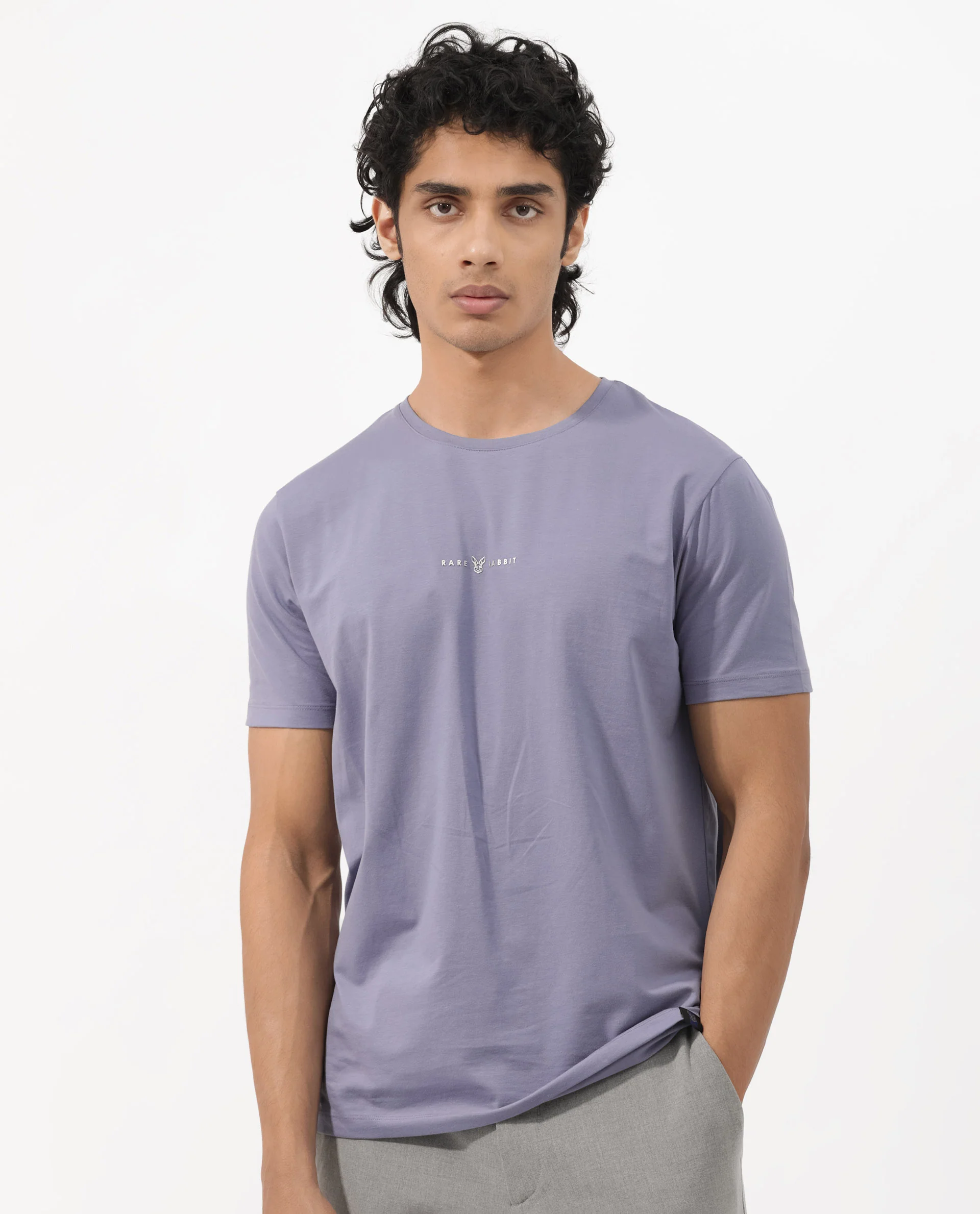Rare Rabbit Men's Rabbitz Dusky Purple Cotton Blend Plain Regular Fit Half Sleeve Crew Neck T-Shirt - Image 3
