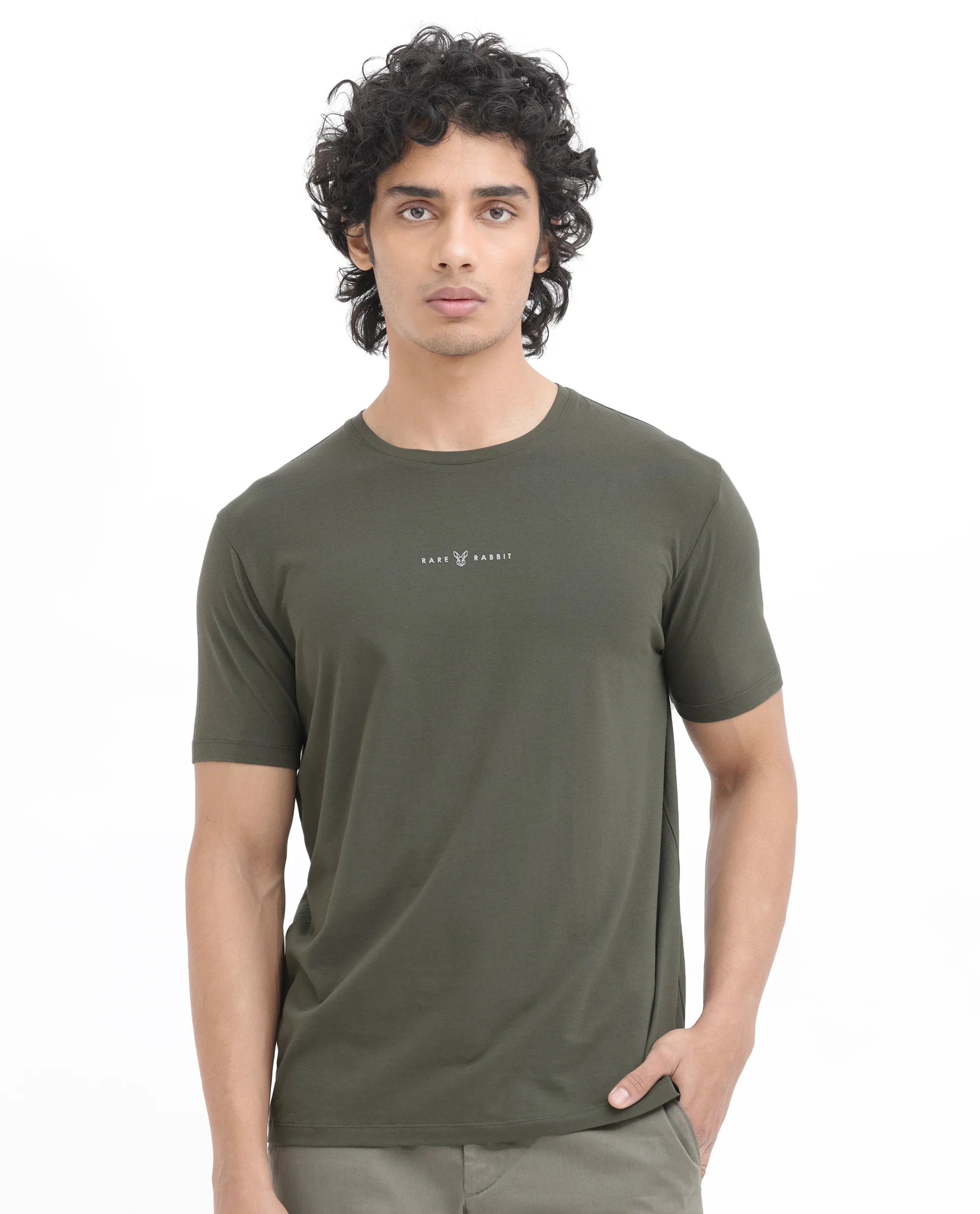 Rare Rabbit Men's Rabbitz Olive Cotton Blend Graphic Print Regular Fit Half Sleeve Crew Neck T-Shirt - Image 2