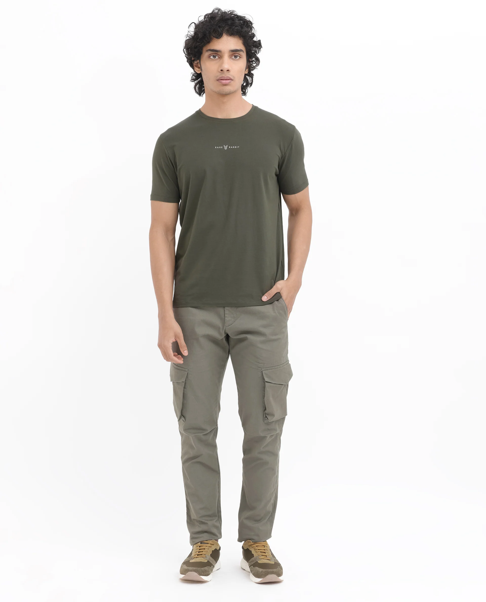 Rare Rabbit Men's Rabbitz Olive Cotton Blend Graphic Print Regular Fit Half Sleeve Crew Neck T-Shirt - Image 3