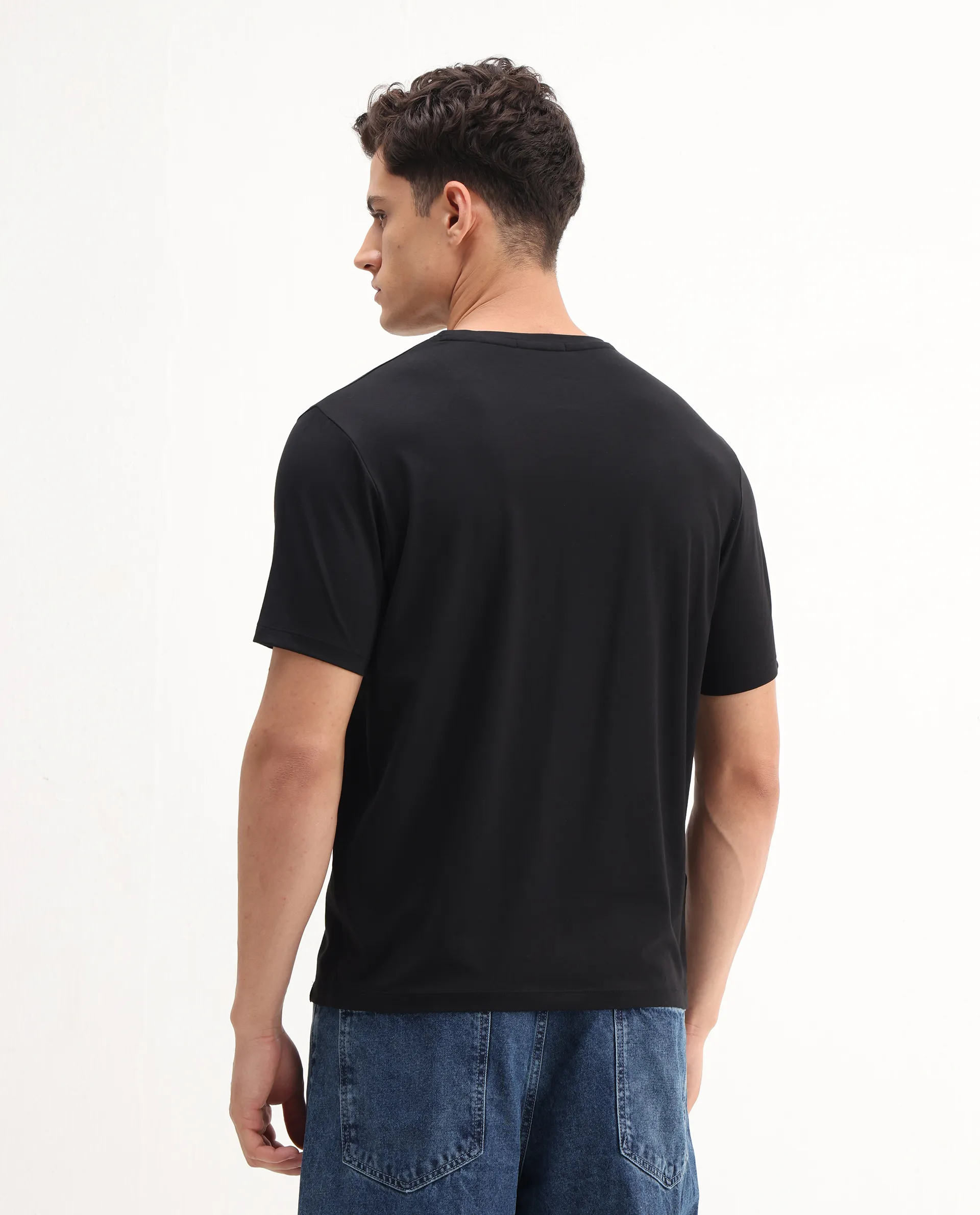 Rare Rabbit Men's Rabbit-25 Black Cotton Blend Graphic Print Regular Fit Half Sleeve Crew Neck T-Shirt - Image 6