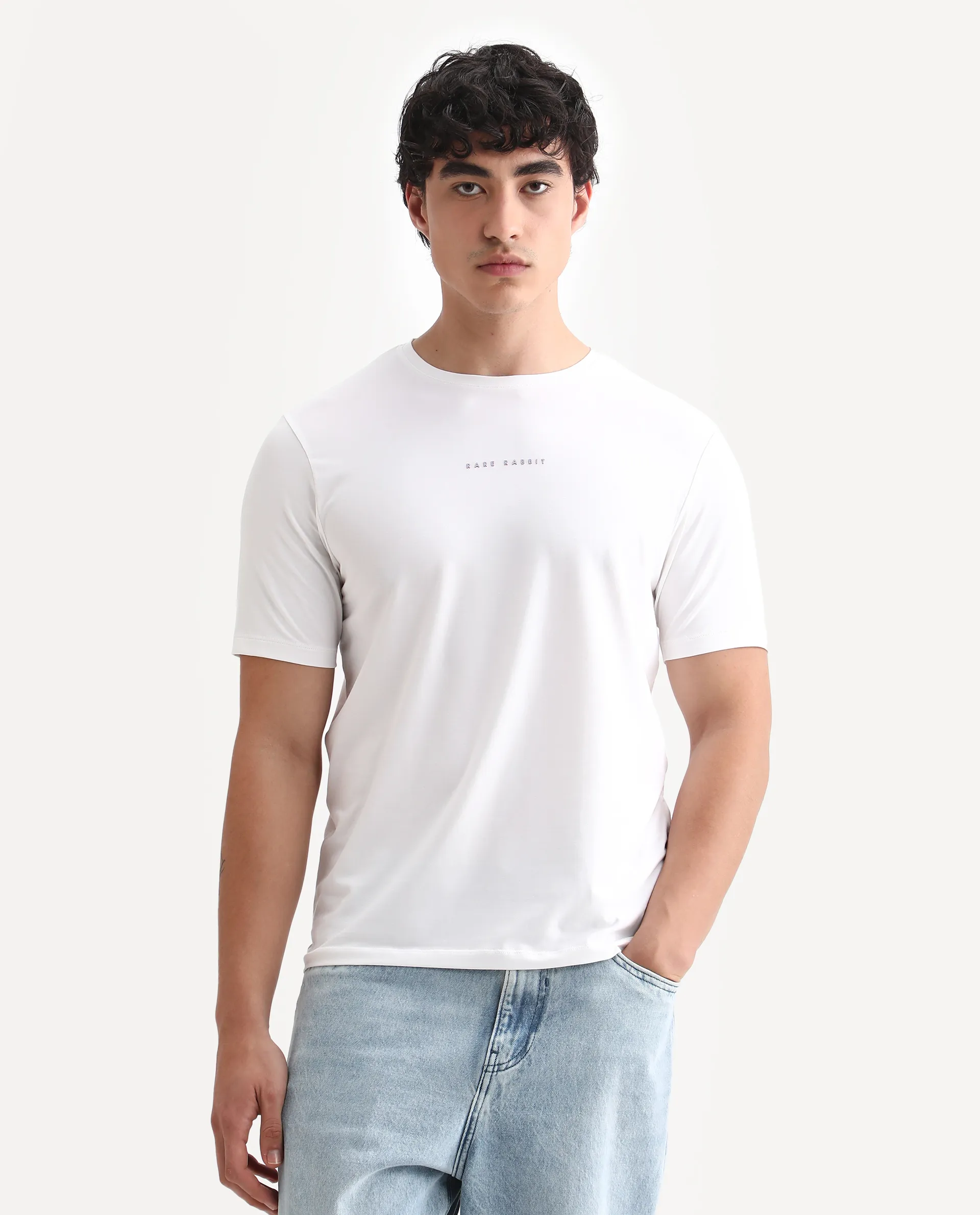 Rare Rabbit Men's Rabbit-25 White Cotton Blend Graphic Print Regular Fit Half Sleeve Crew Neck T-Shirt - Image 4