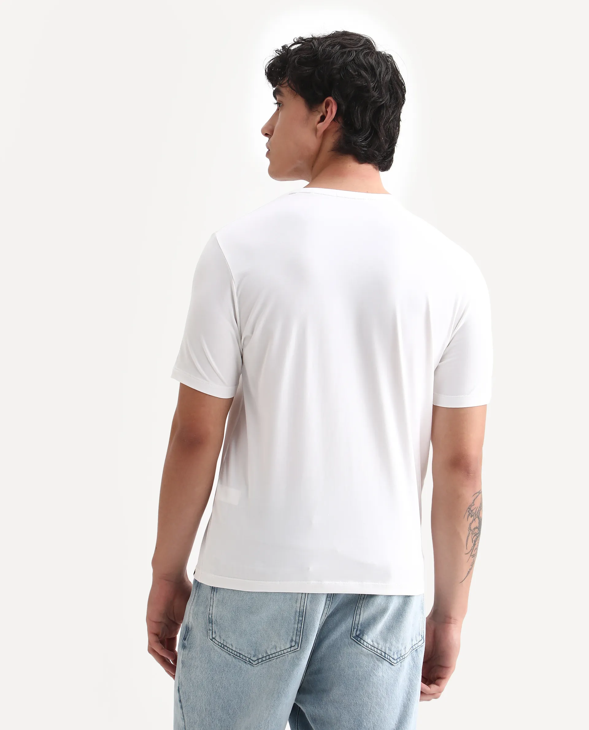 Rare Rabbit Men's Rabbit-25 White Cotton Blend Graphic Print Regular Fit Half Sleeve Crew Neck T-Shirt - Image 7