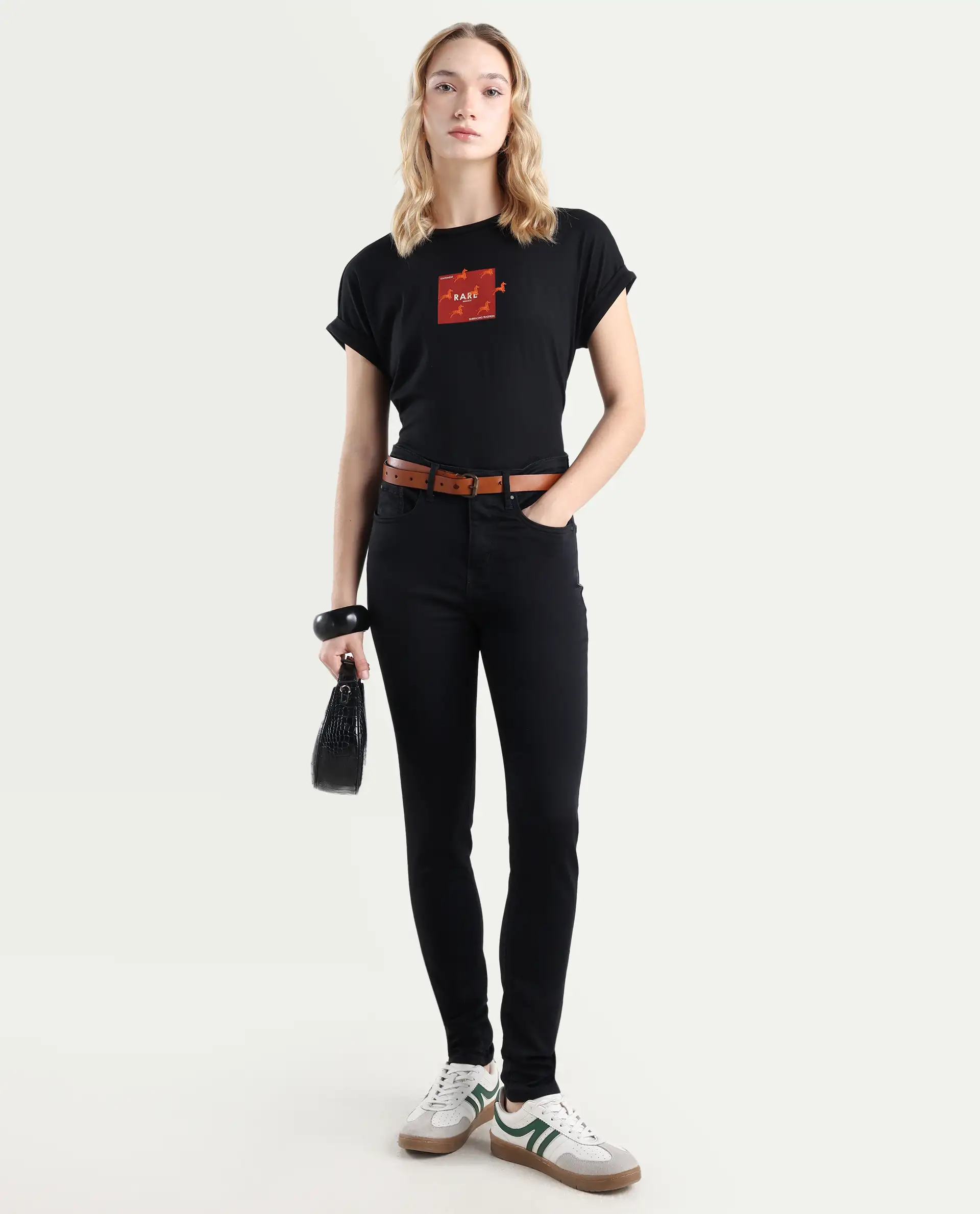 Rareism Women's Rabe Black Cotton Blend Crew Neck Relaxed Fit T-Shirt - Image 2