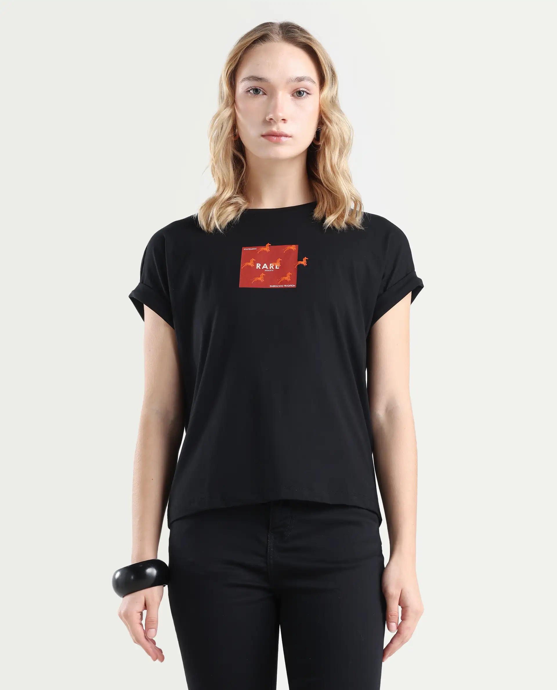 Rareism Women's Rabe Black Cotton Blend Crew Neck Relaxed Fit T-Shirt - Image 3