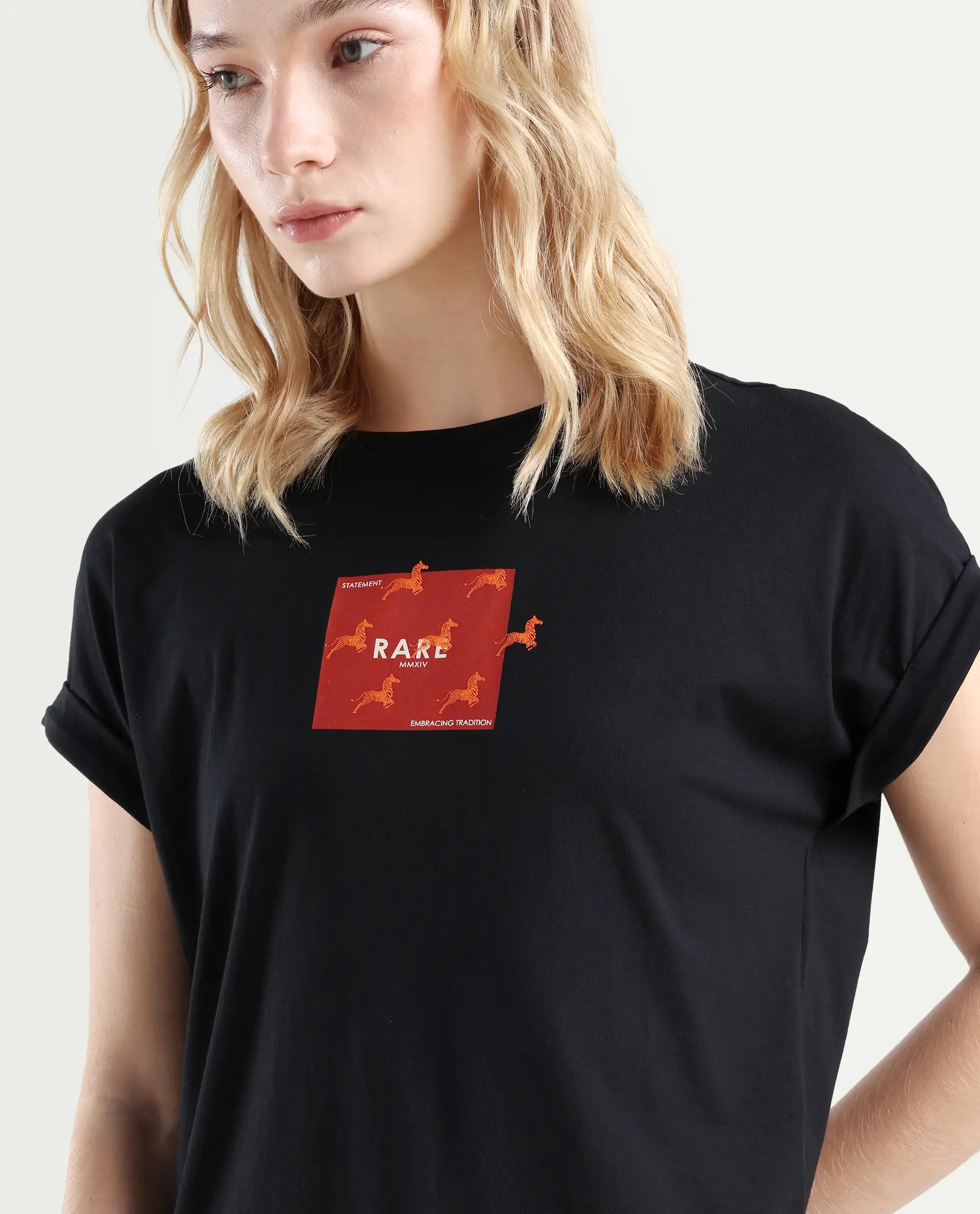 Rareism Women's Rabe Black Cotton Blend Crew Neck Relaxed Fit T-Shirt - Image 4