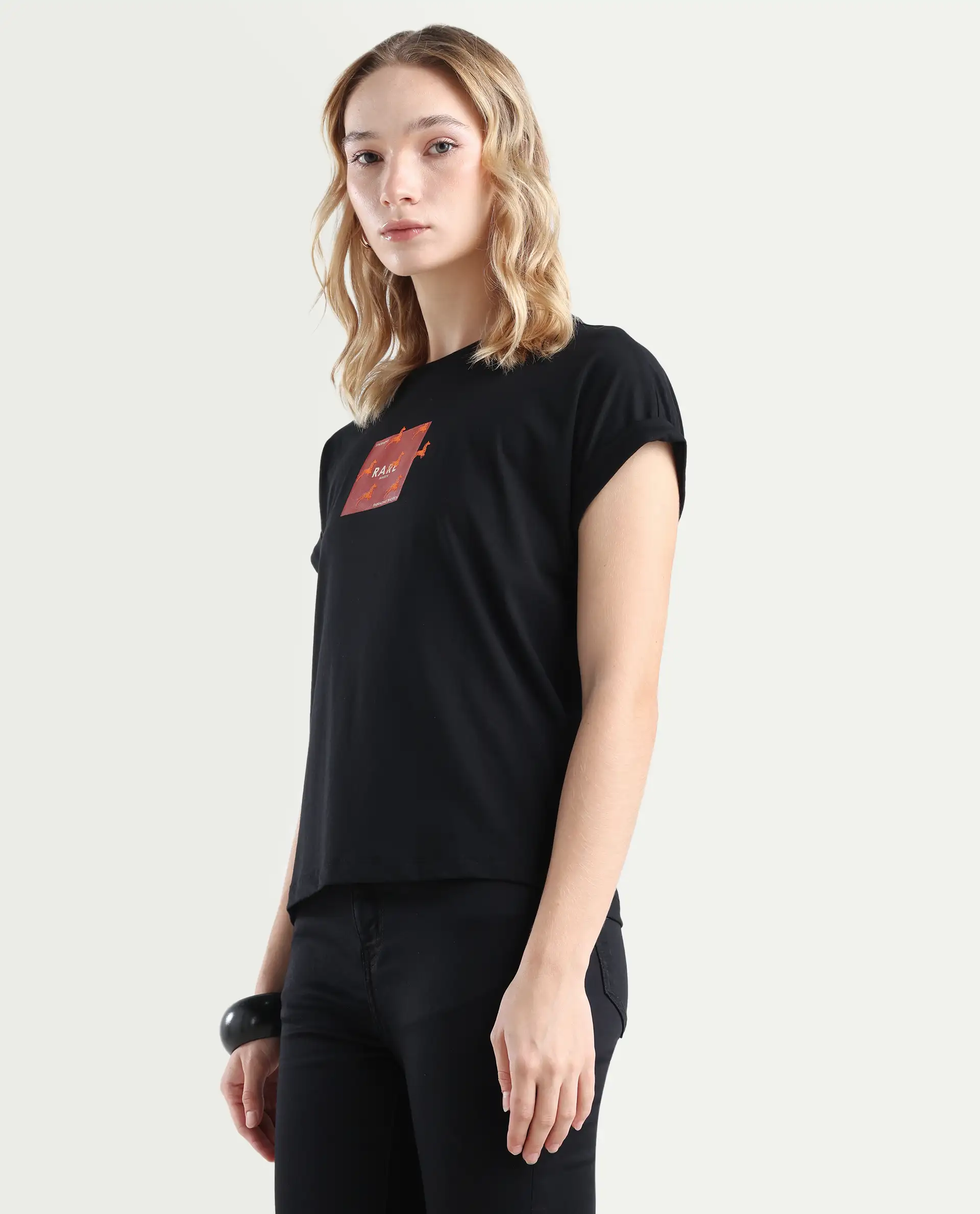Rareism Women's Rabe Black Cotton Blend Crew Neck Relaxed Fit T-Shirt - Image 5