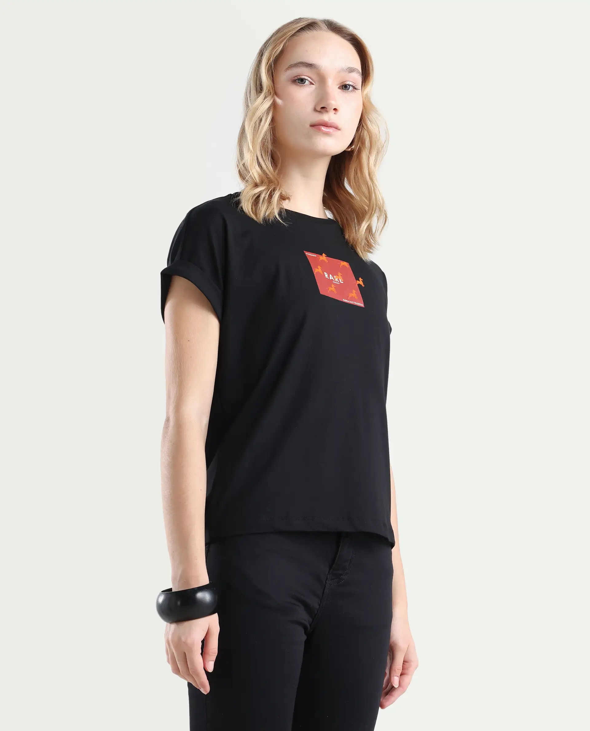 Rareism Women's Rabe Black Cotton Blend Crew Neck Relaxed Fit T-Shirt - Image 6