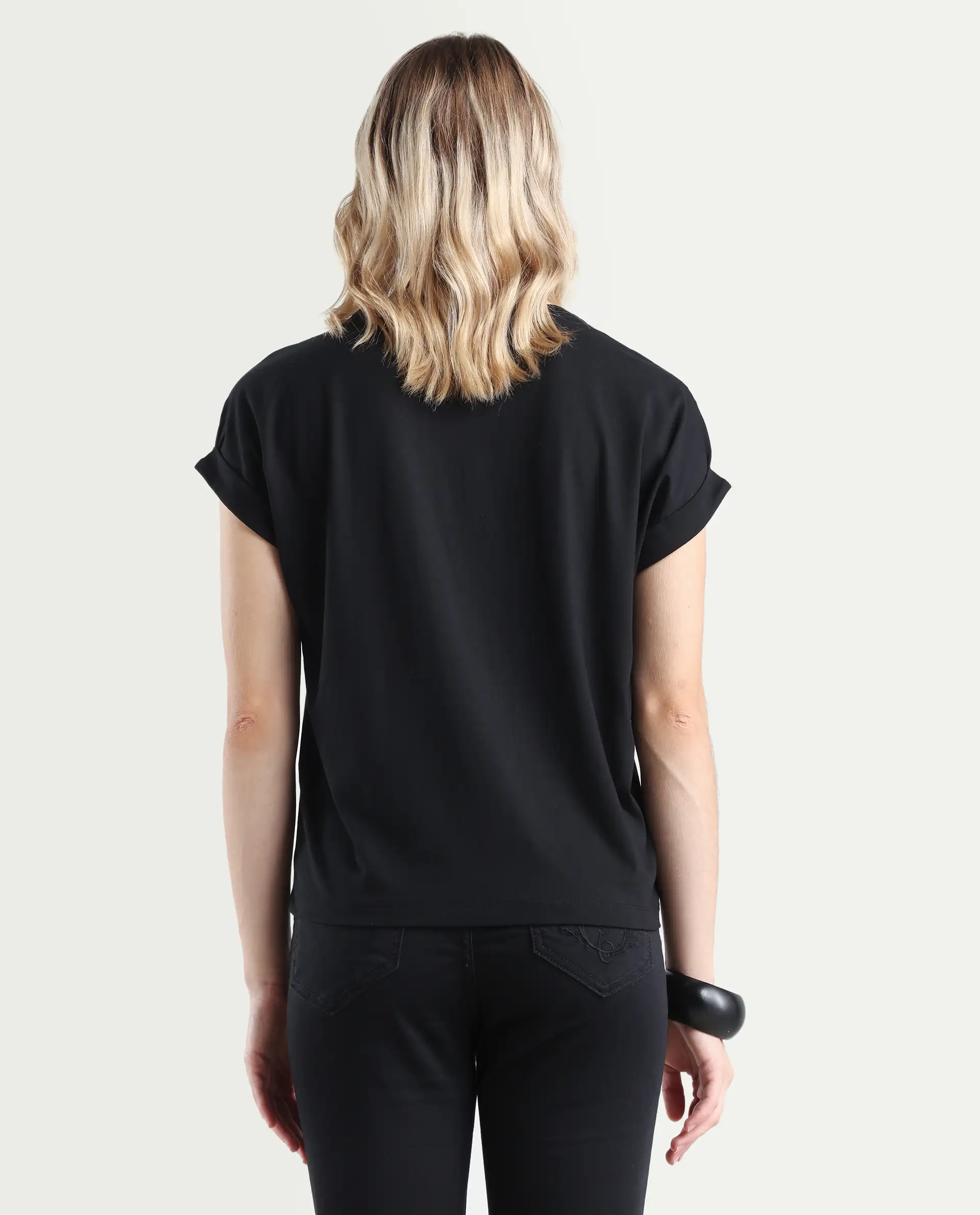 Rareism Women's Rabe Black Cotton Blend Crew Neck Relaxed Fit T-Shirt - Image 7