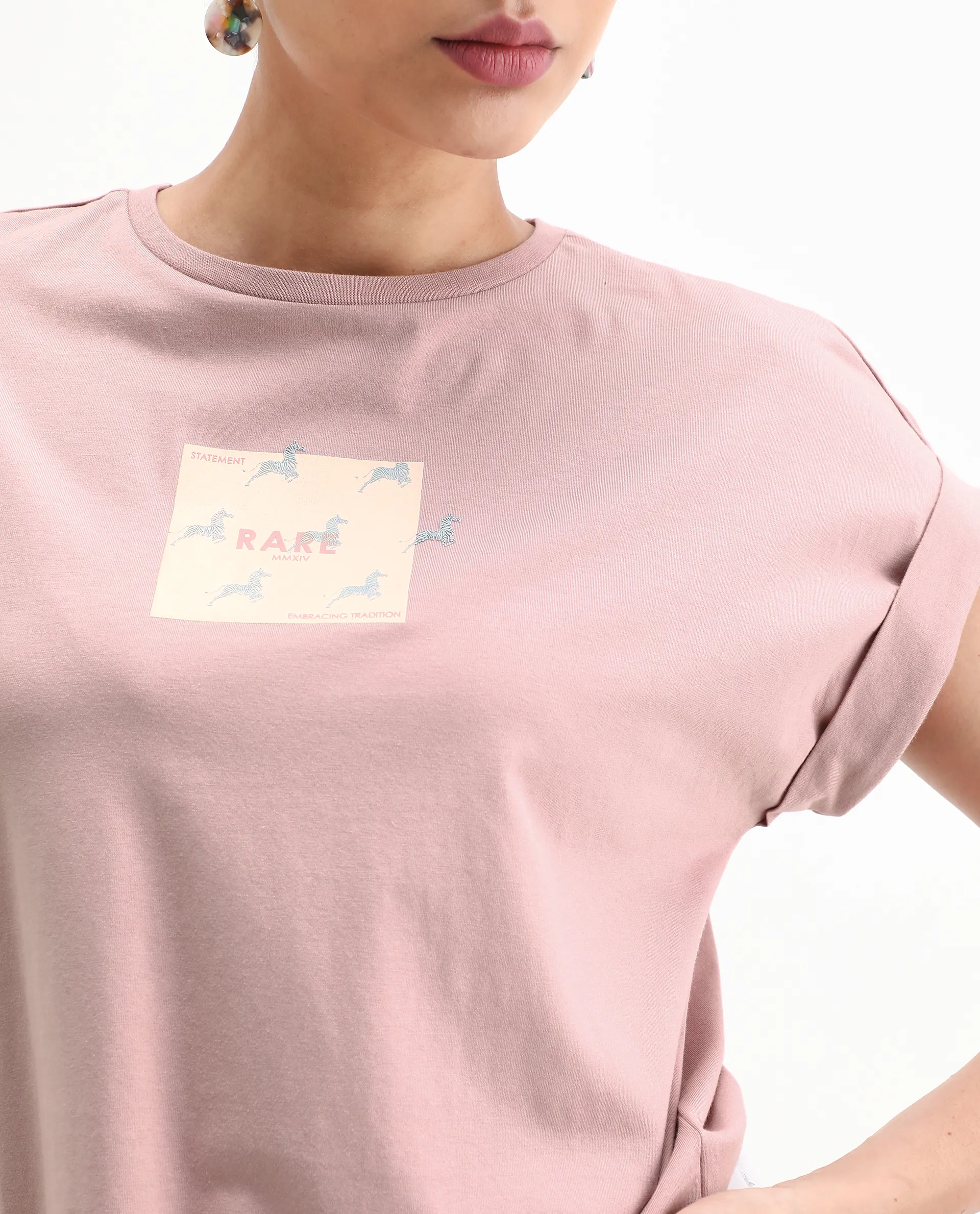 Rareism Women's Rabe Light Pink Cotton Blend Crew Neck Relaxed Fit T-Shirt - Image 3