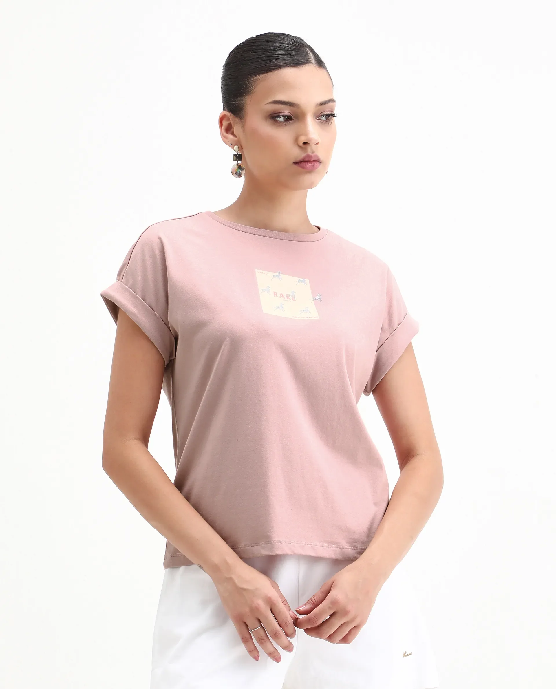 Rareism Women's Rabe Light Pink Cotton Blend Crew Neck Relaxed Fit T-Shirt - Image 4