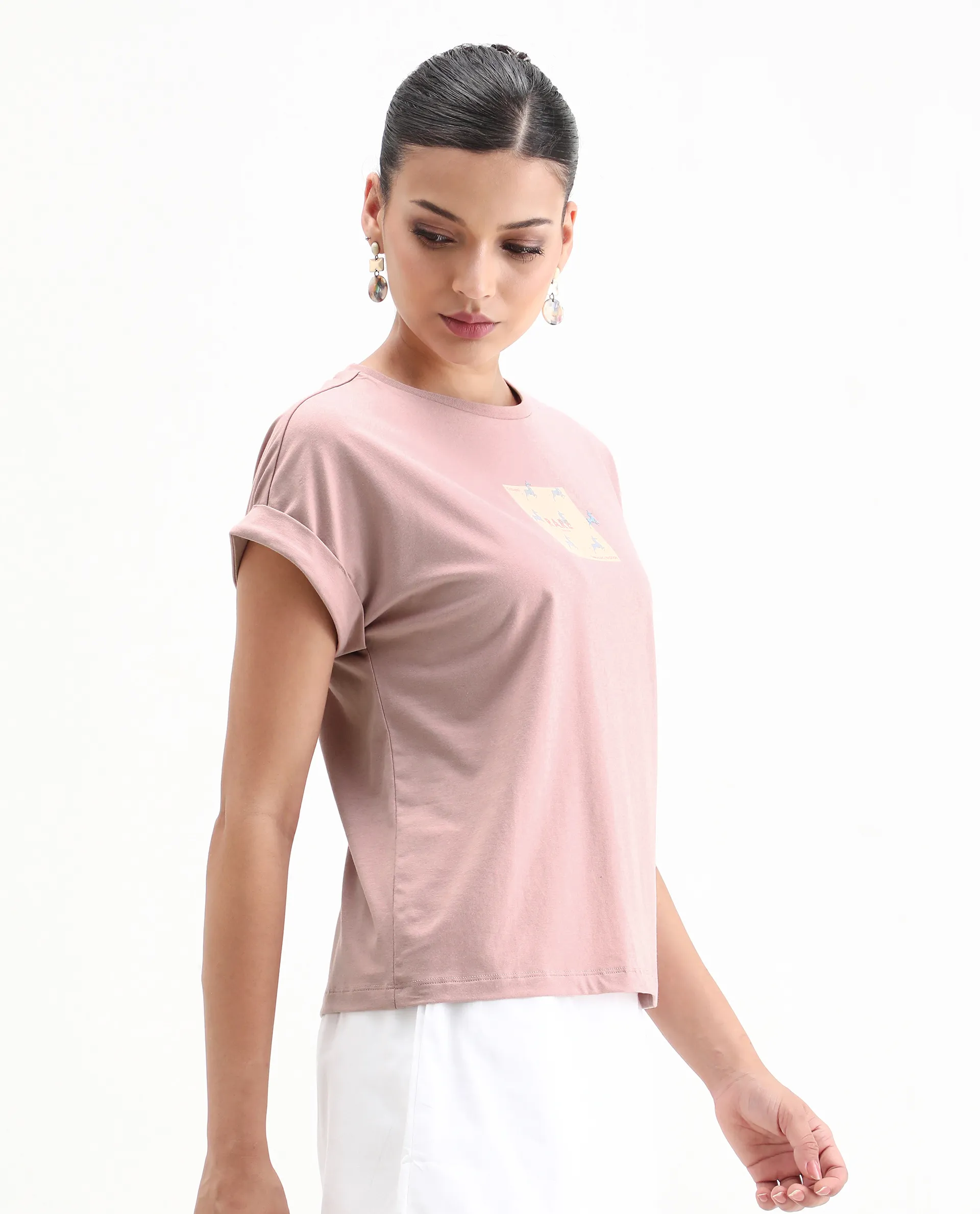 Rareism Women's Rabe Light Pink Cotton Blend Crew Neck Relaxed Fit T-Shirt - Image 5
