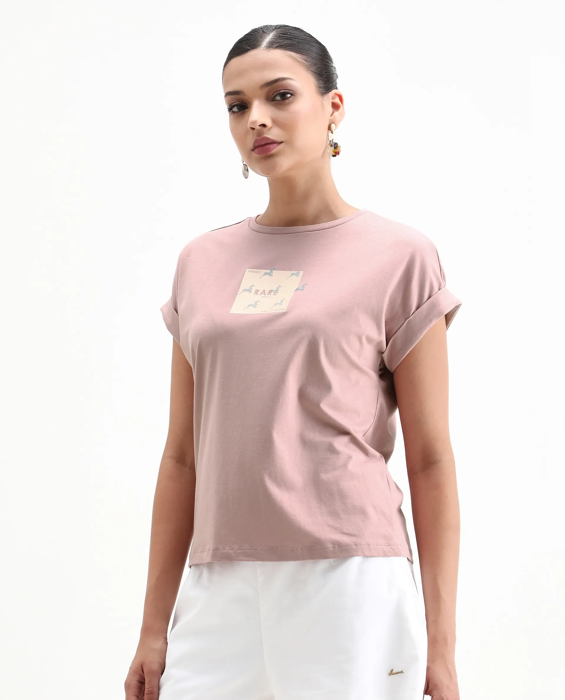 Rareism Women's Rabe Light Pink Cotton Blend Crew Neck Relaxed Fit T-Shirt - Image 6