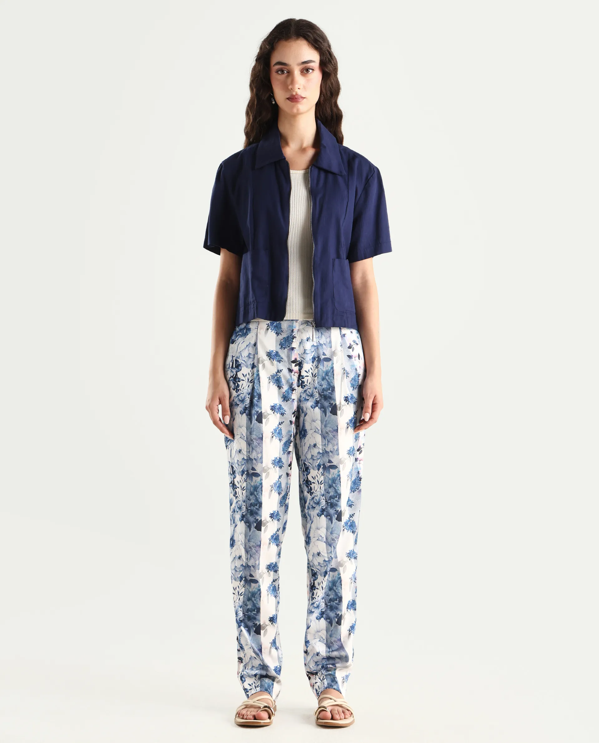 Rareism Women's Rabella Blue Polyester Floral Print Ankle Length Tailored Trouser - Image 3