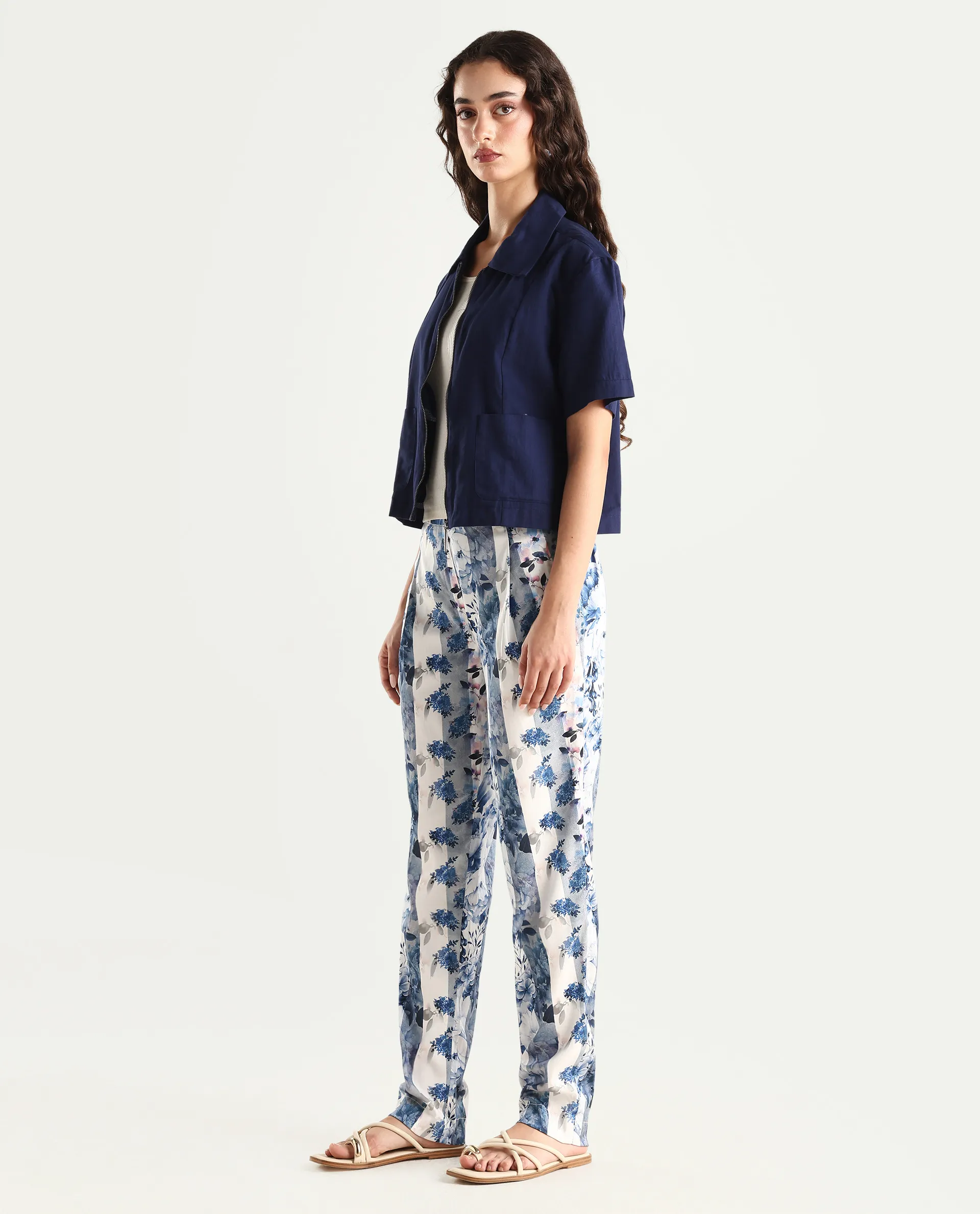 Rareism Women's Rabella Blue Polyester Floral Print Ankle Length Tailored Trouser - Image 5