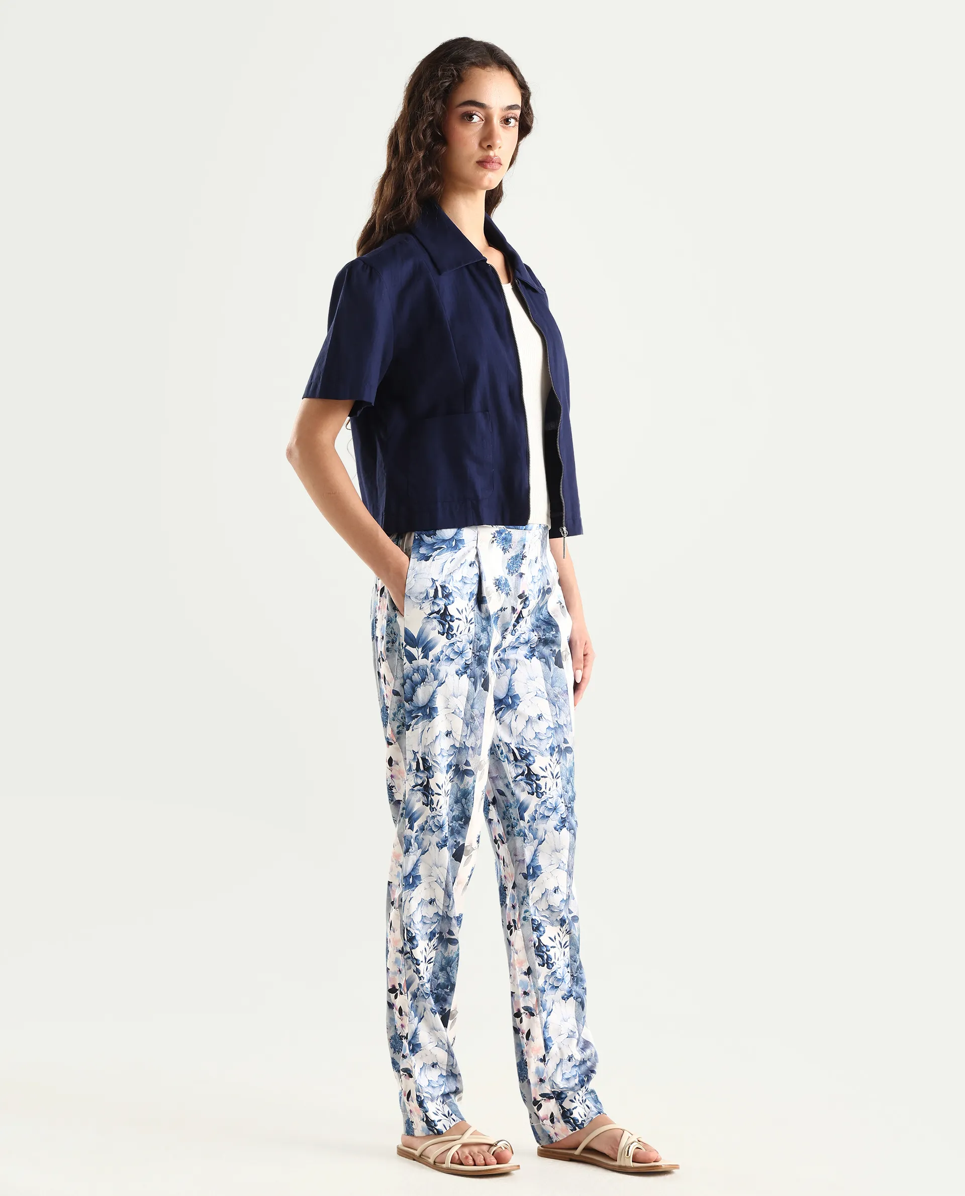 Rareism Women's Rabella Blue Polyester Floral Print Ankle Length Tailored Trouser - Image 6