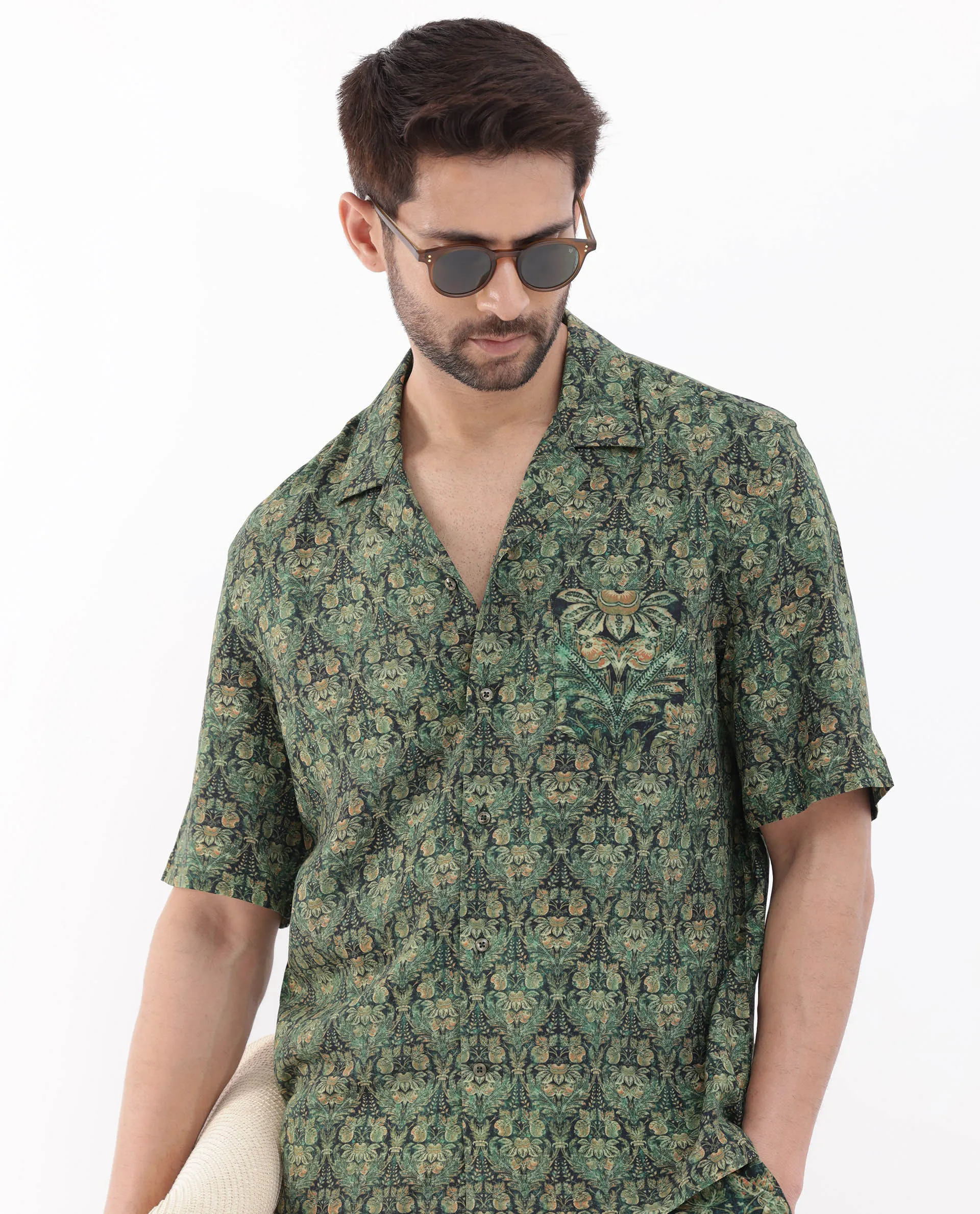 Rare Rabbit Men's Rabenn Dark Green Viscose Tropical Print Boxy Fit Half Sleeve Cuban Collar Shirt - Image 3