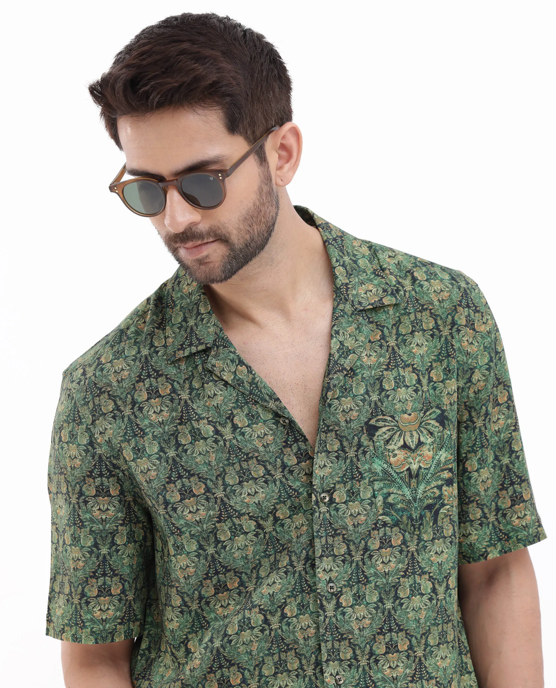 Rare Rabbit Men's Rabenn Dark Green Viscose Tropical Print Boxy Fit Half Sleeve Cuban Collar Shirt - Image 4