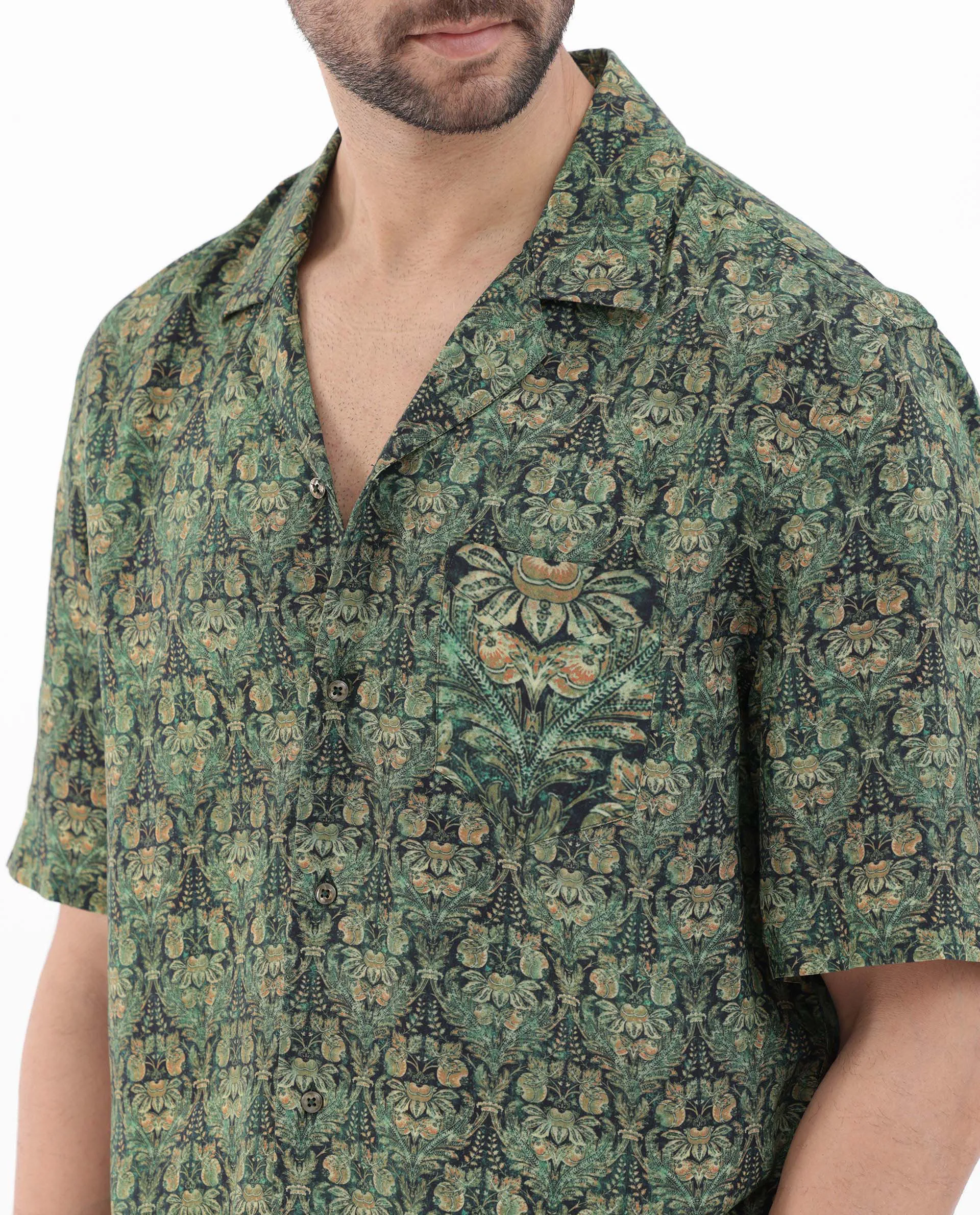 Rare Rabbit Men's Rabenn Dark Green Viscose Tropical Print Boxy Fit Half Sleeve Cuban Collar Shirt - Image 5