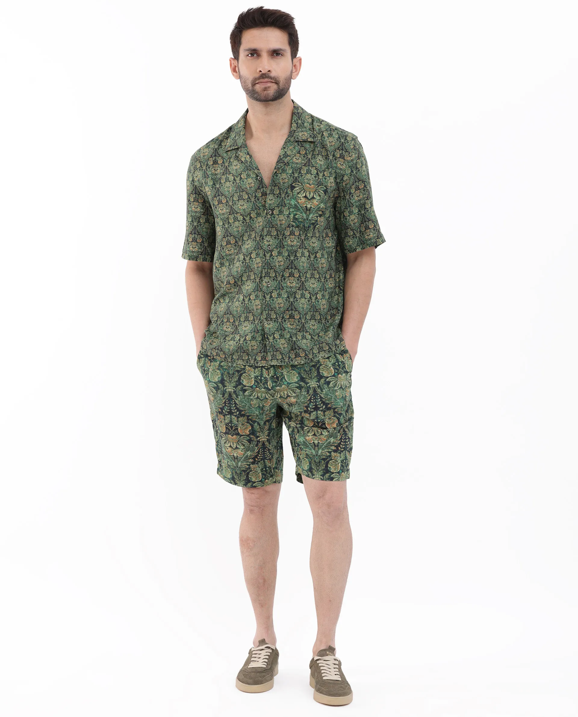 Rare Rabbit Men's Rabenn Dark Green Viscose Tropical Print Boxy Fit Half Sleeve Cuban Collar Shirt - Image 6