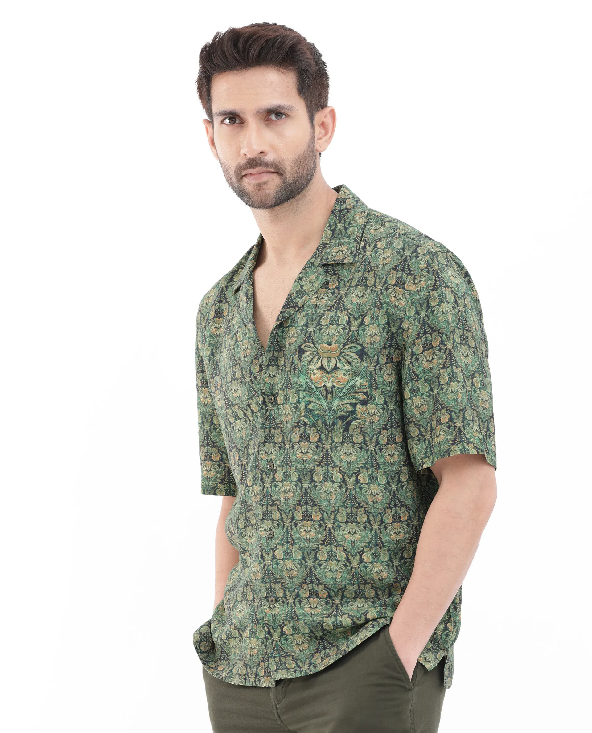 Rare Rabbit Men's Rabenn Dark Green Viscose Tropical Print Boxy Fit Half Sleeve Cuban Collar Shirt - Image 8