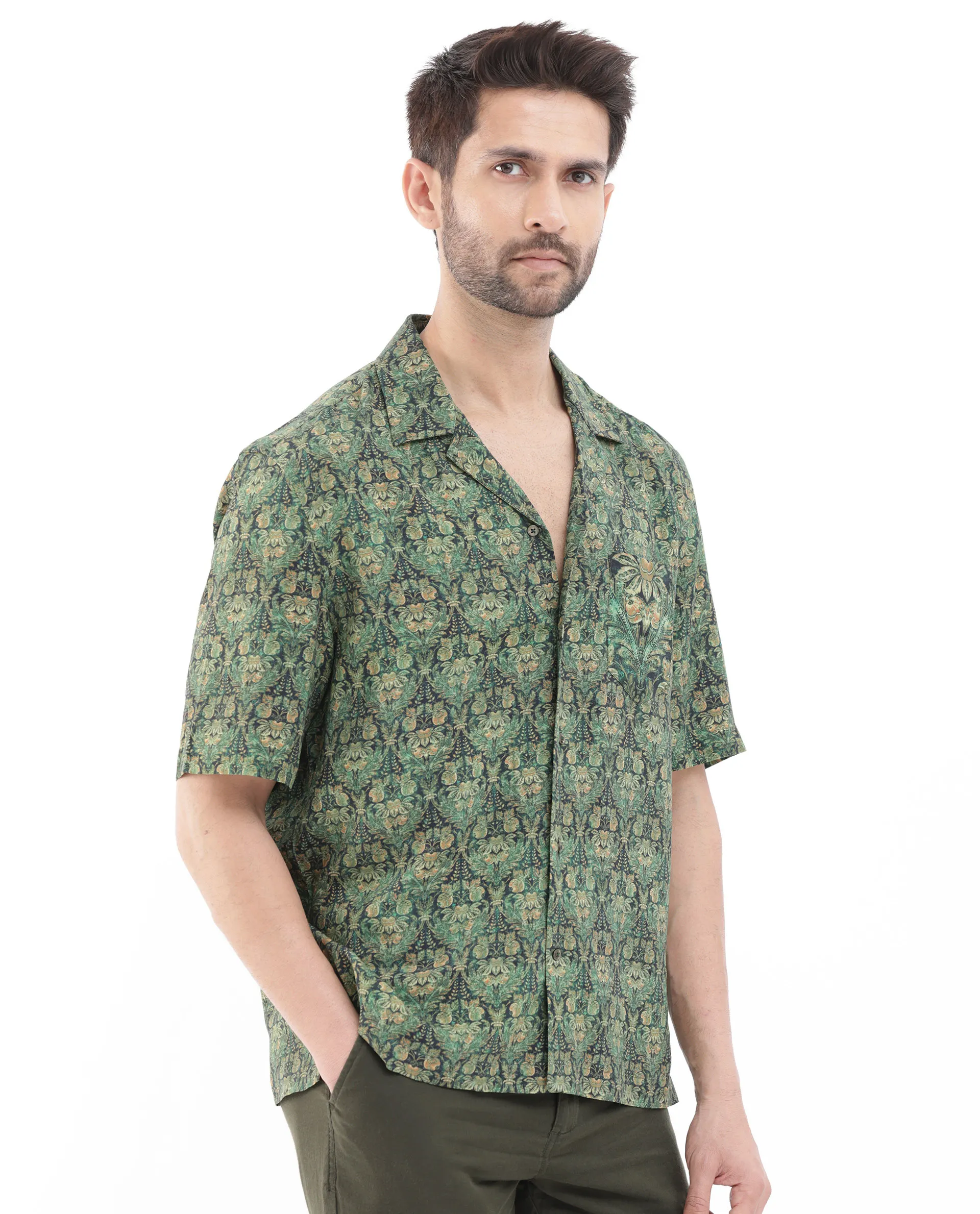 Rare Rabbit Men's Rabenn Dark Green Viscose Tropical Print Boxy Fit Half Sleeve Cuban Collar Shirt - Image 9