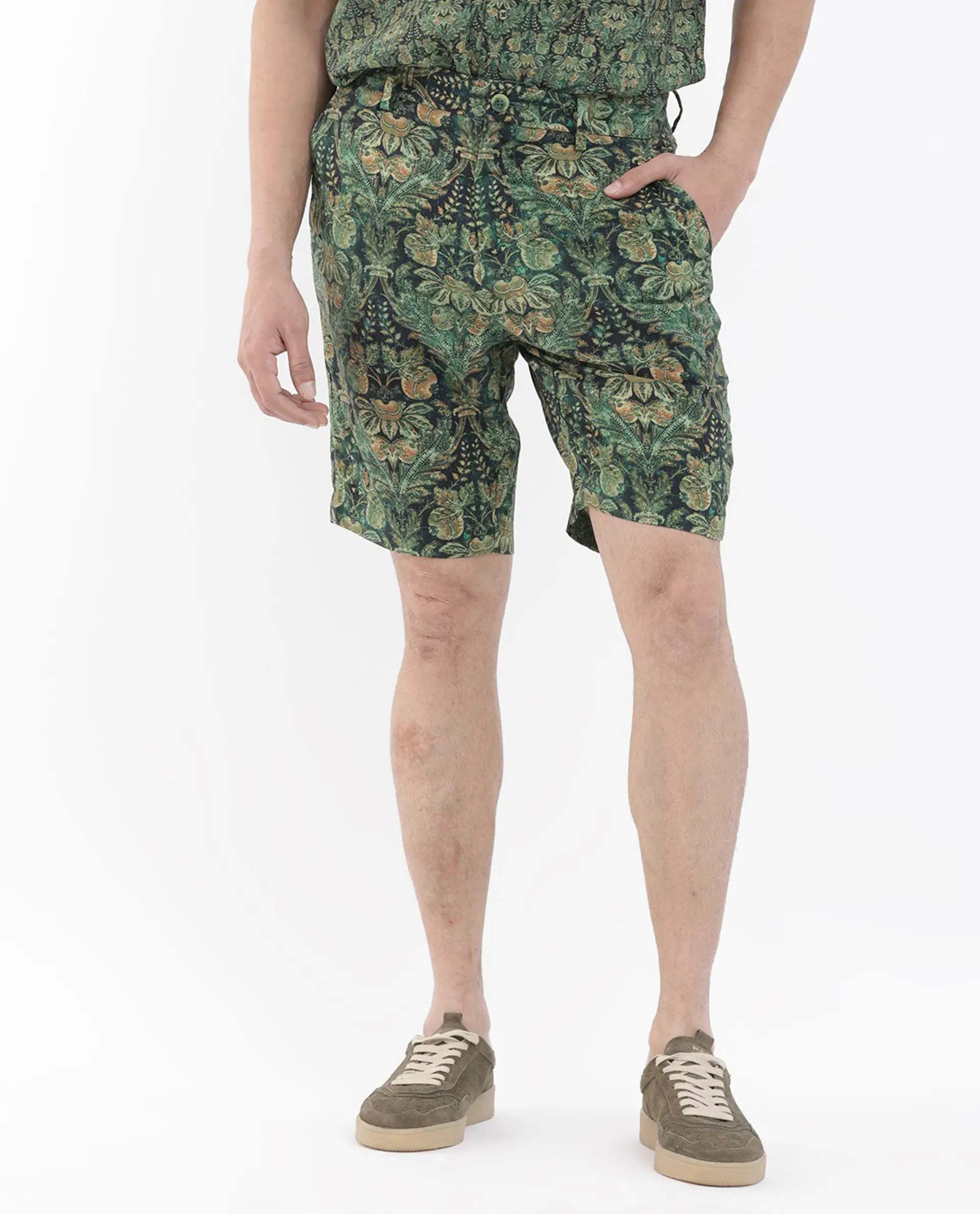 Rare Rabbit Men's Rabeno Dark Green Cotton Tropical Print Relaxed Fit Shorts - Image 11
