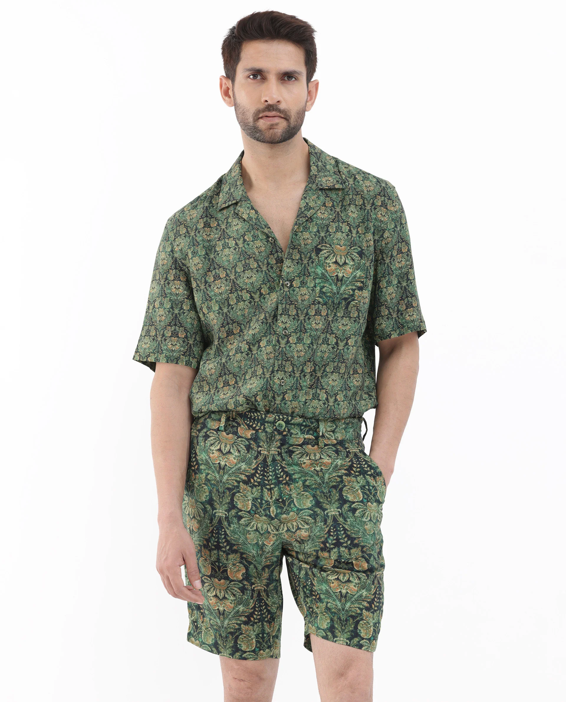 Rare Rabbit Men's Rabeno Dark Green Cotton Tropical Print Relaxed Fit Shorts - Image 3