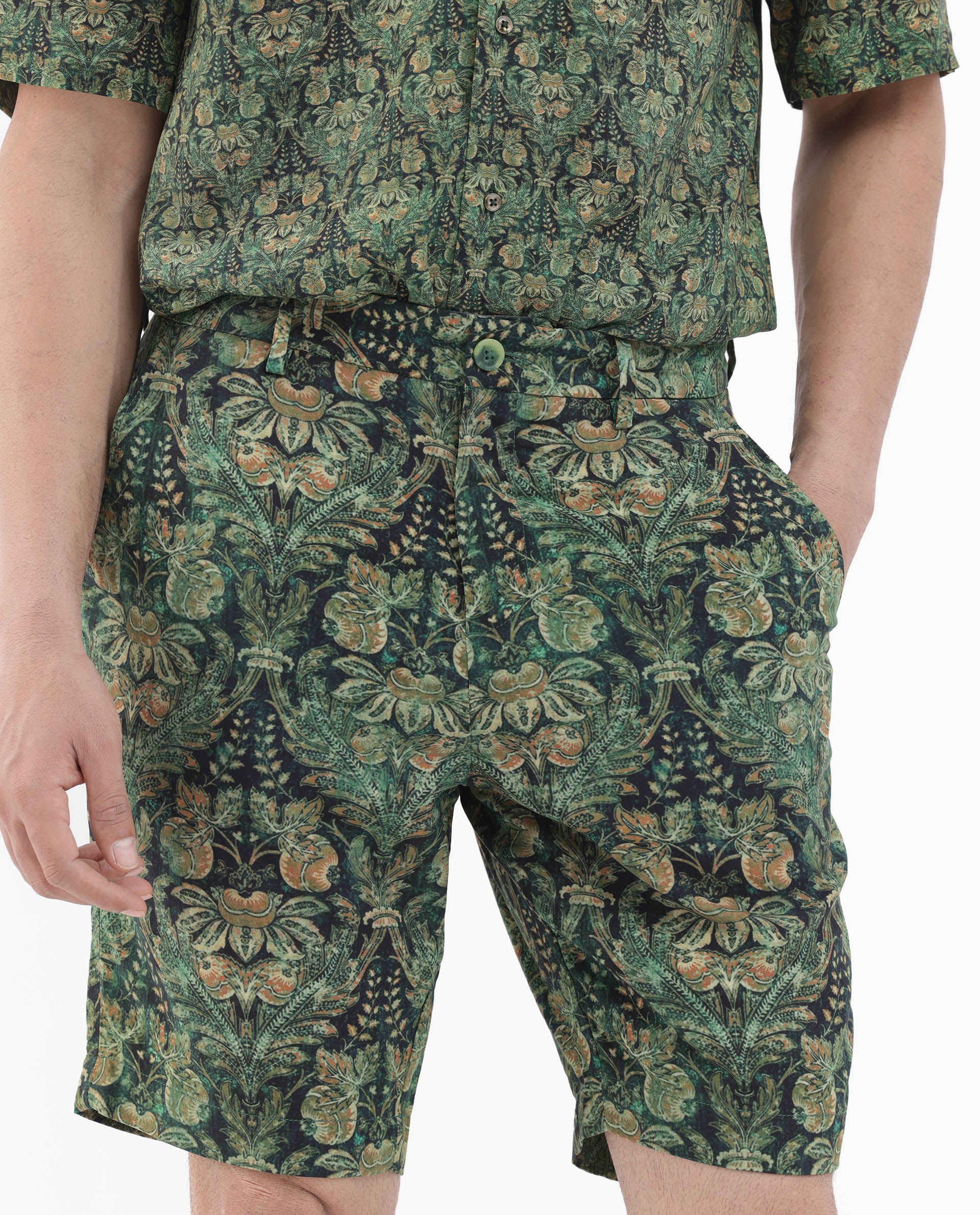 Rare Rabbit Men's Rabeno Dark Green Cotton Tropical Print Relaxed Fit Shorts - Image 4