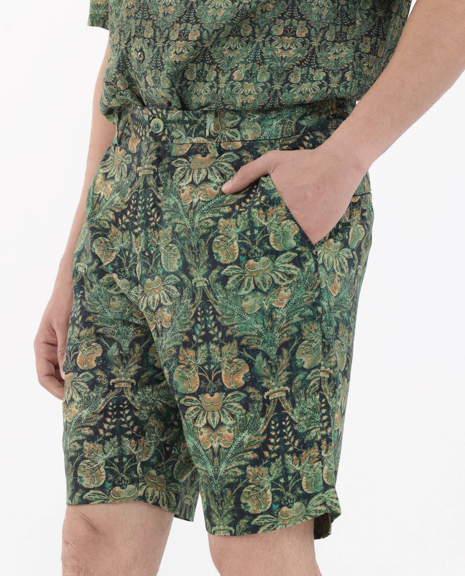 Rare Rabbit Men's Rabeno Dark Green Cotton Tropical Print Relaxed Fit Shorts - Image 6