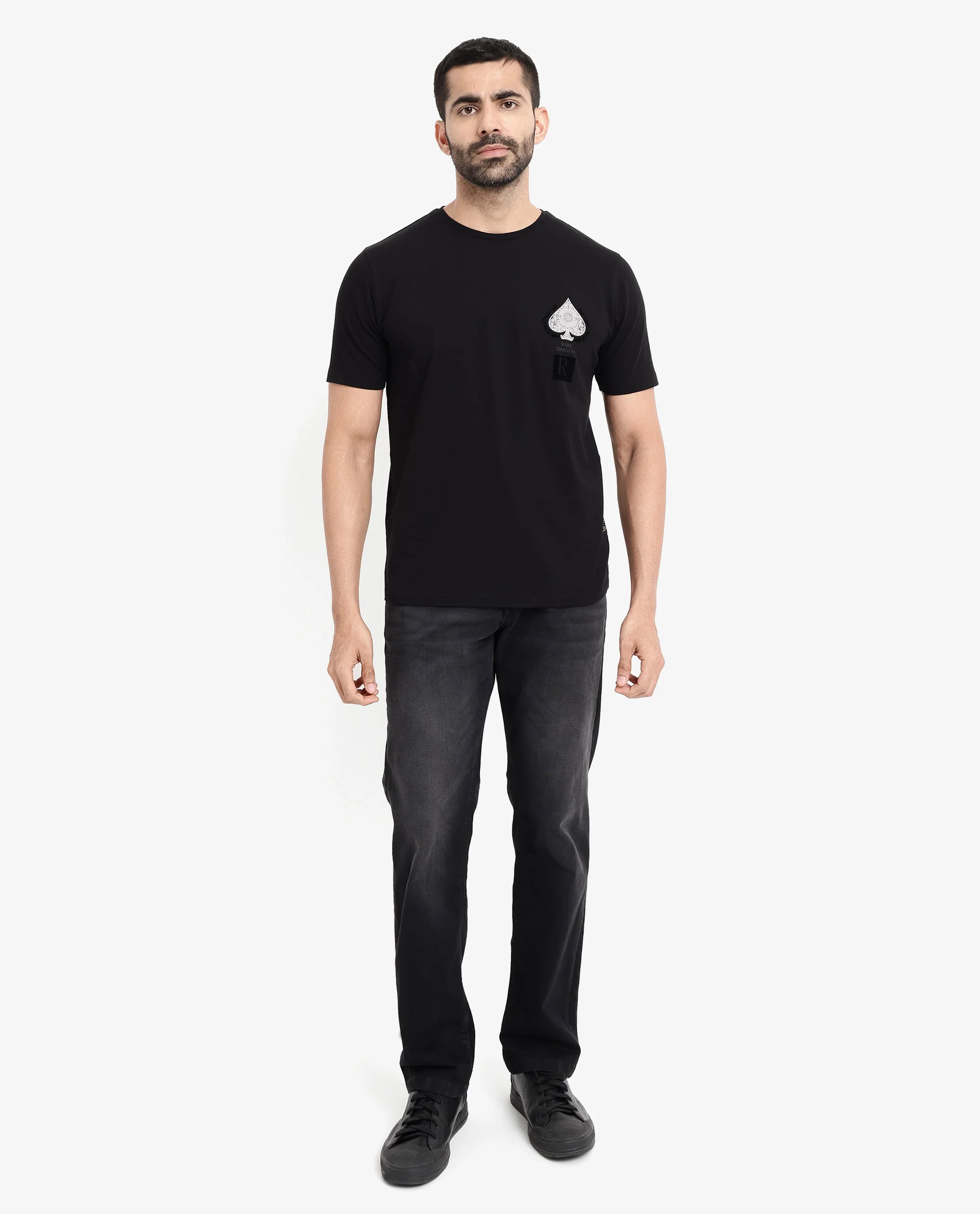 Rare Rabbit Men's Rabo Black Cotton Graphic Print Regular Fit Half Sleeve Crew Neck T-Shirt - Image 2