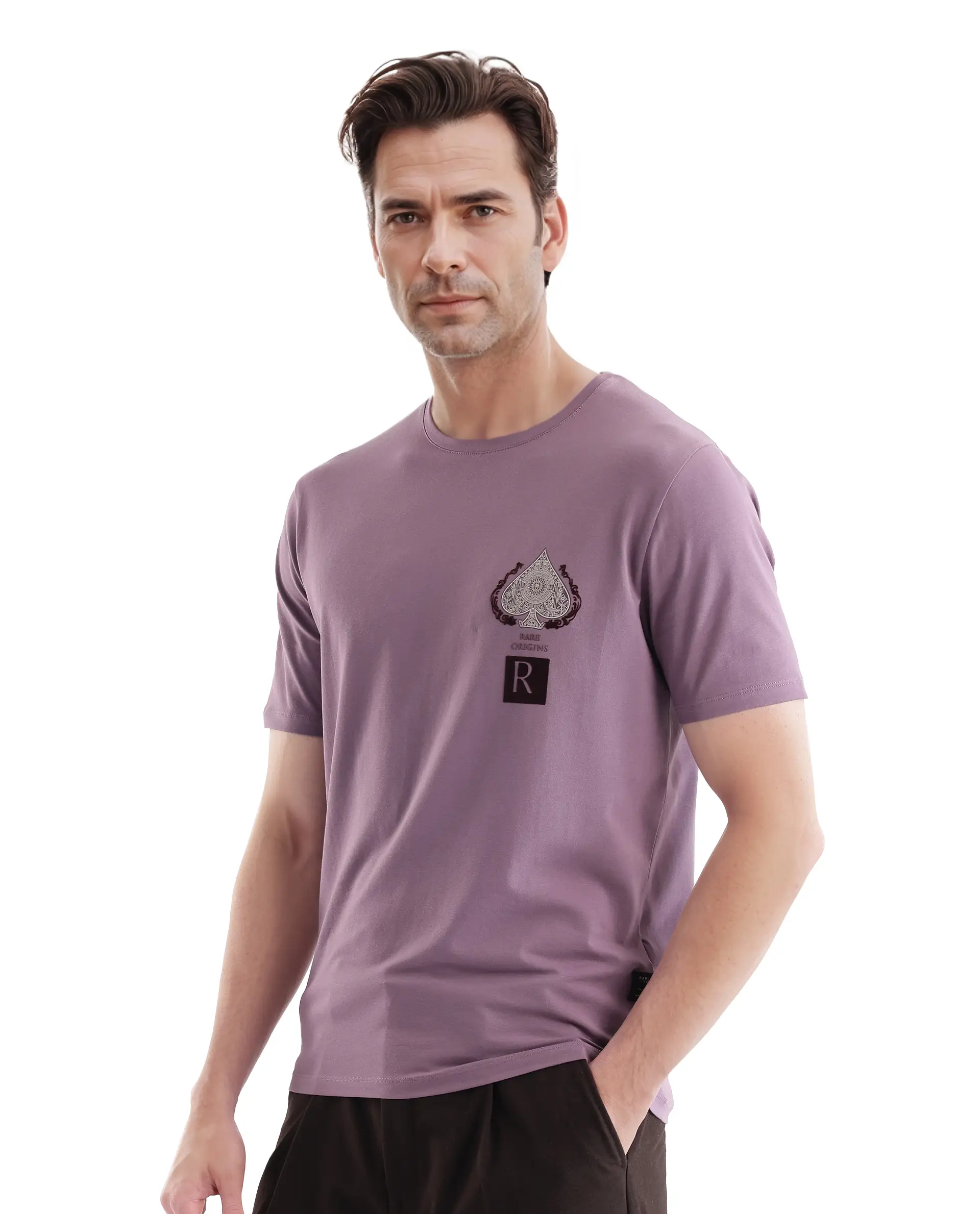 Rare Rabbit Men's Rabo Dusky Purple Cotton Graphic Print Regular Fit Half Sleeve Crew Neck T-Shirt - Image 6