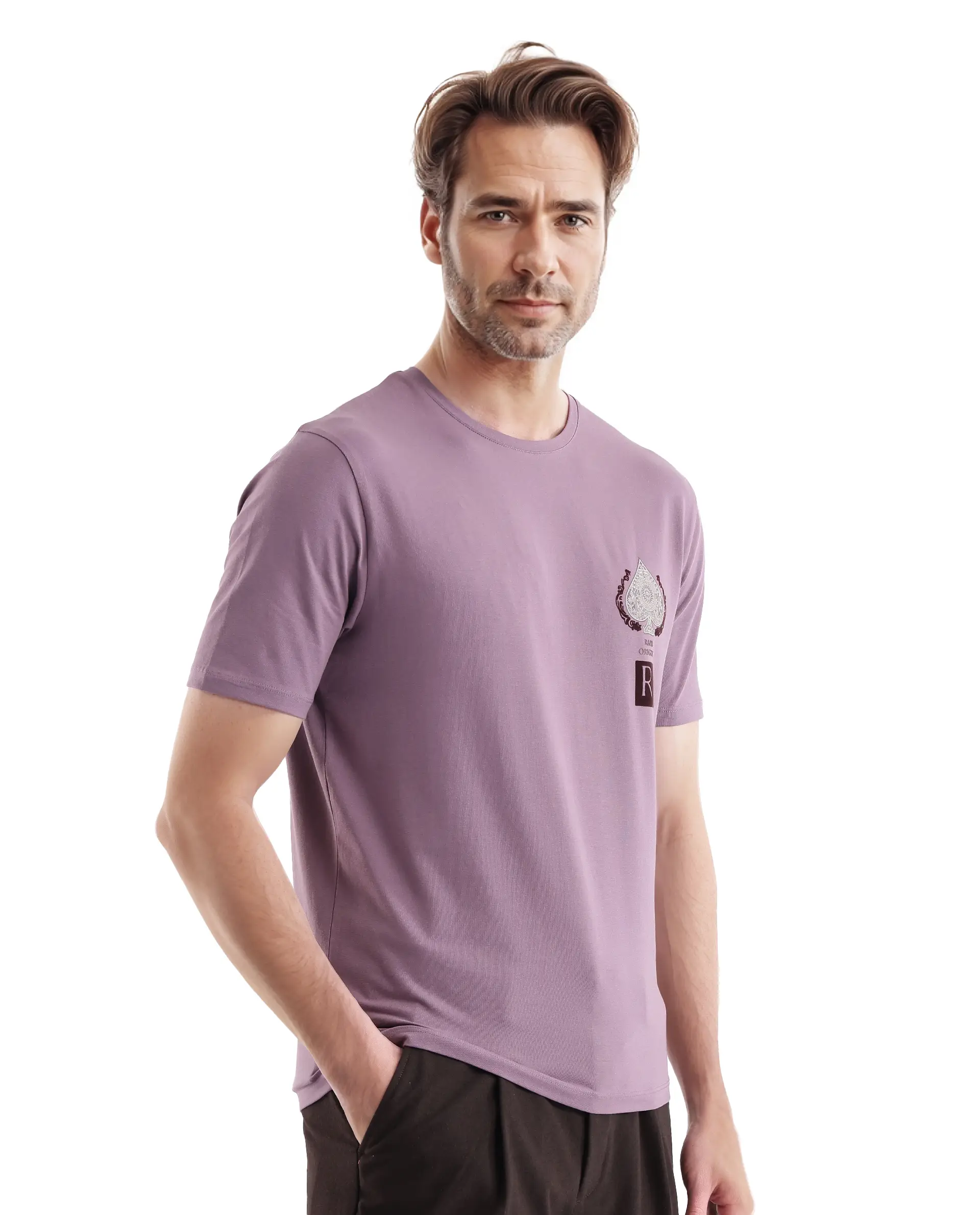 Rare Rabbit Men's Rabo Dusky Purple Cotton Graphic Print Regular Fit Half Sleeve Crew Neck T-Shirt - Image 7