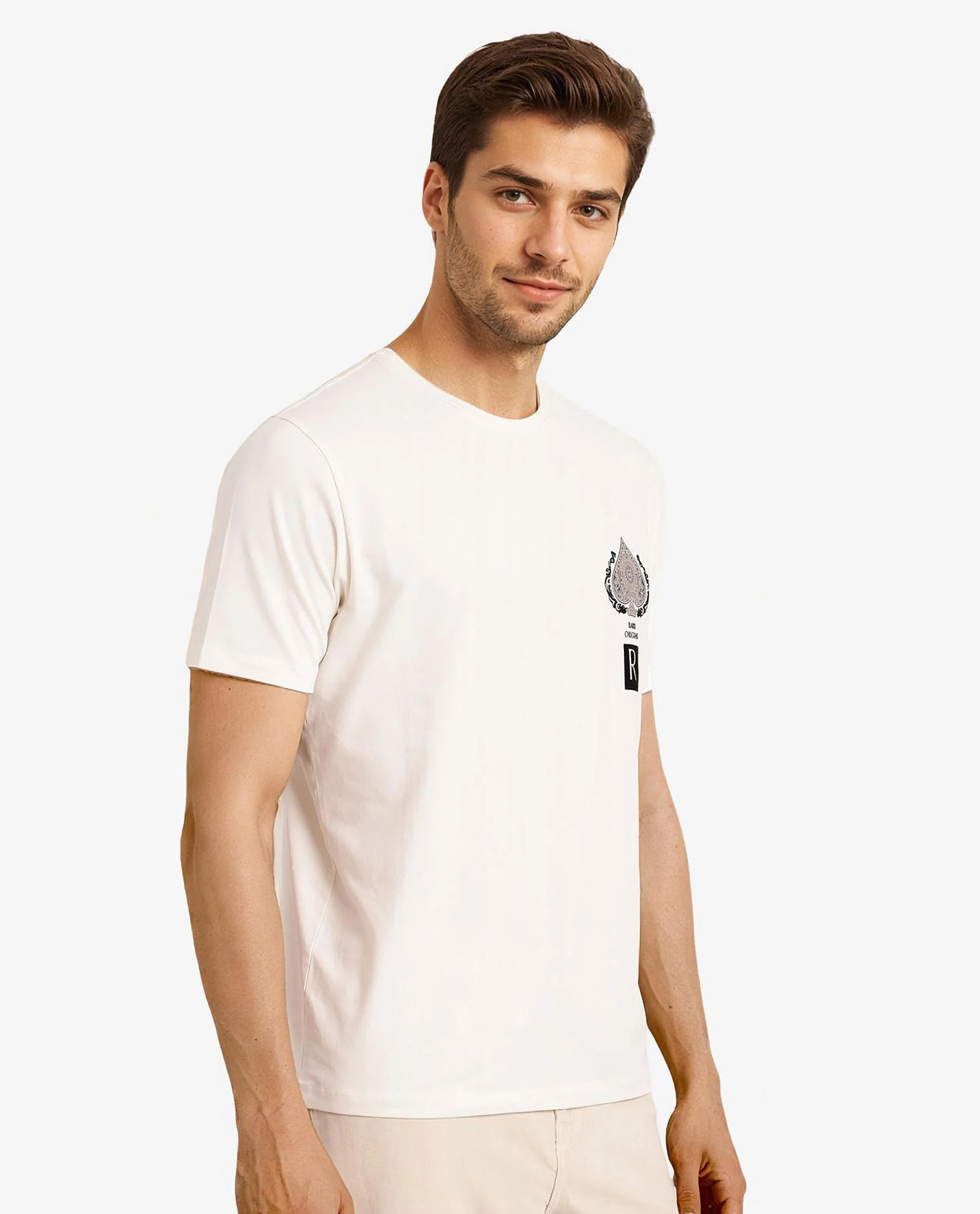 Rare Rabbit Men's Rabo Off White Cotton Graphic Print Regular Fit Half Sleeve Crew Neck T-Shirt - Image 4