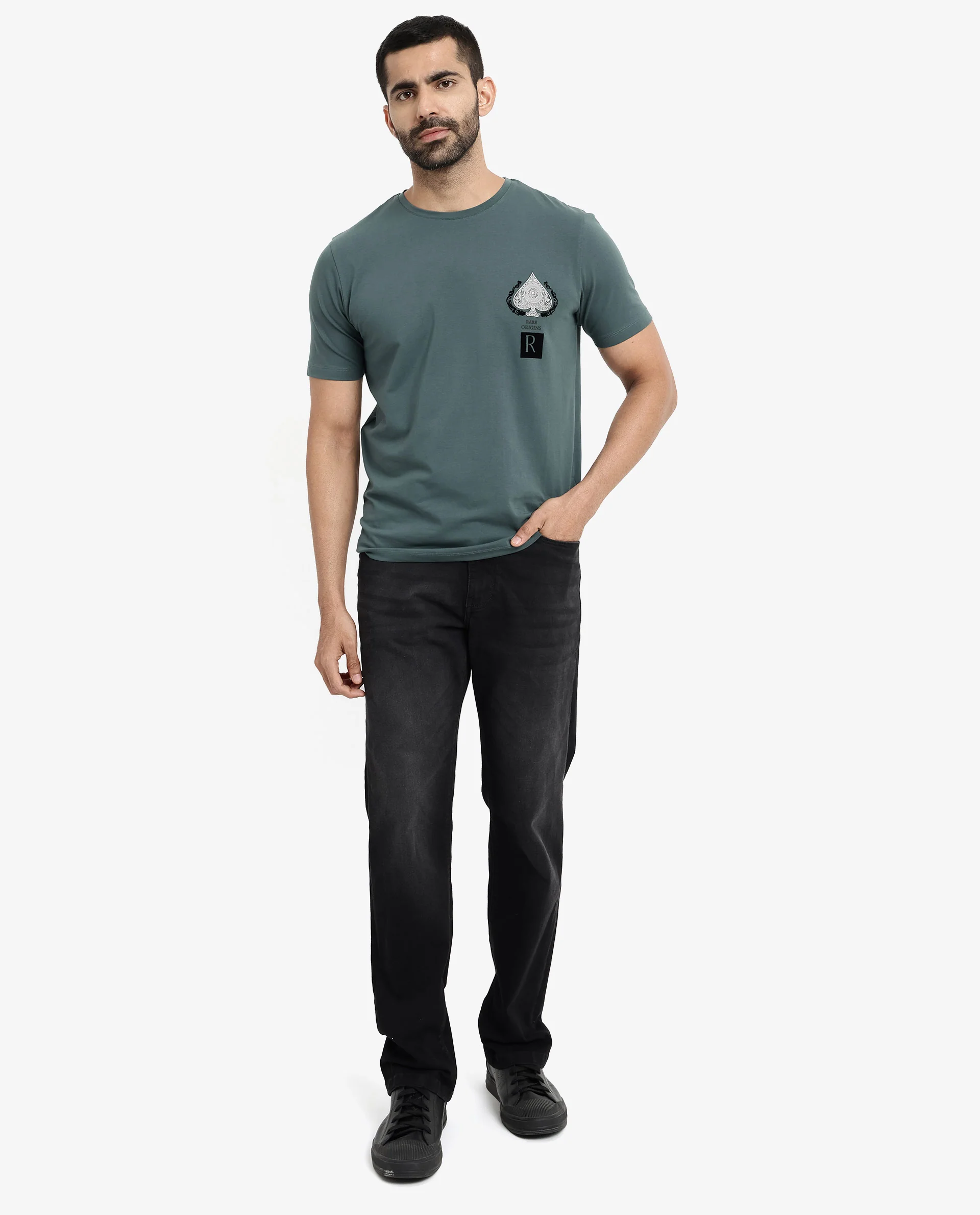 Rare Rabbit Men's Rabo Teal Cotton Graphic Print Regular Fit Half Sleeve Crew Neck T-Shirt - Image 2