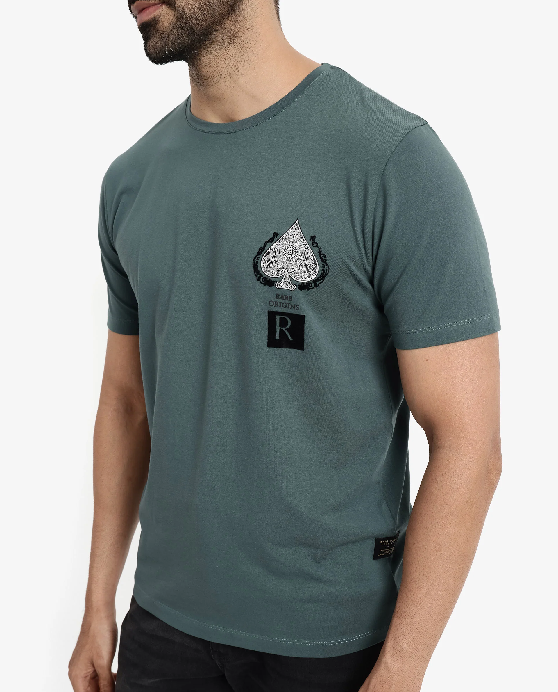Rare Rabbit Men's Rabo Teal Cotton Graphic Print Regular Fit Half Sleeve Crew Neck T-Shirt - Image 3