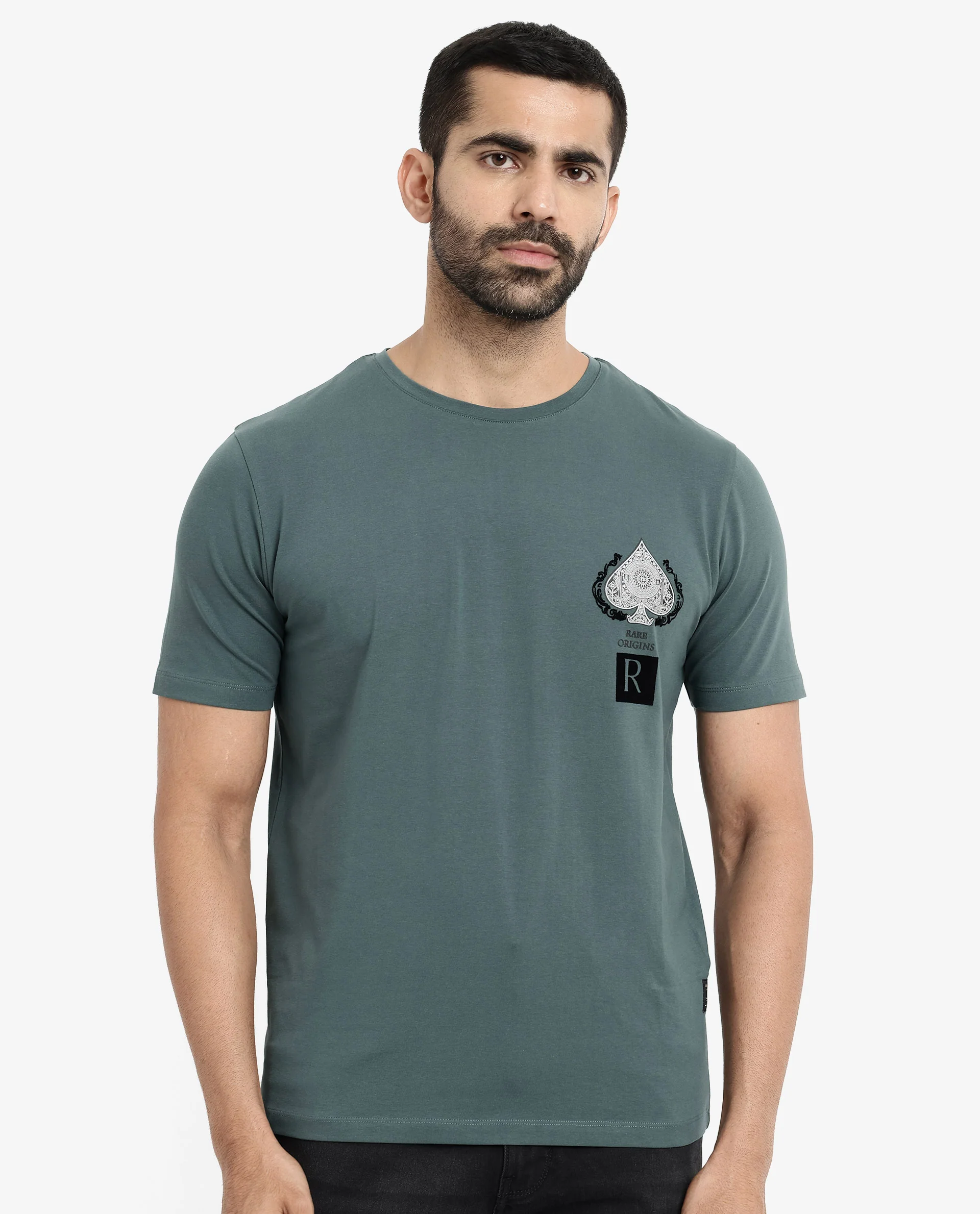 Rare Rabbit Men's Rabo Teal Cotton Graphic Print Regular Fit Half Sleeve Crew Neck T-Shirt - Image 4