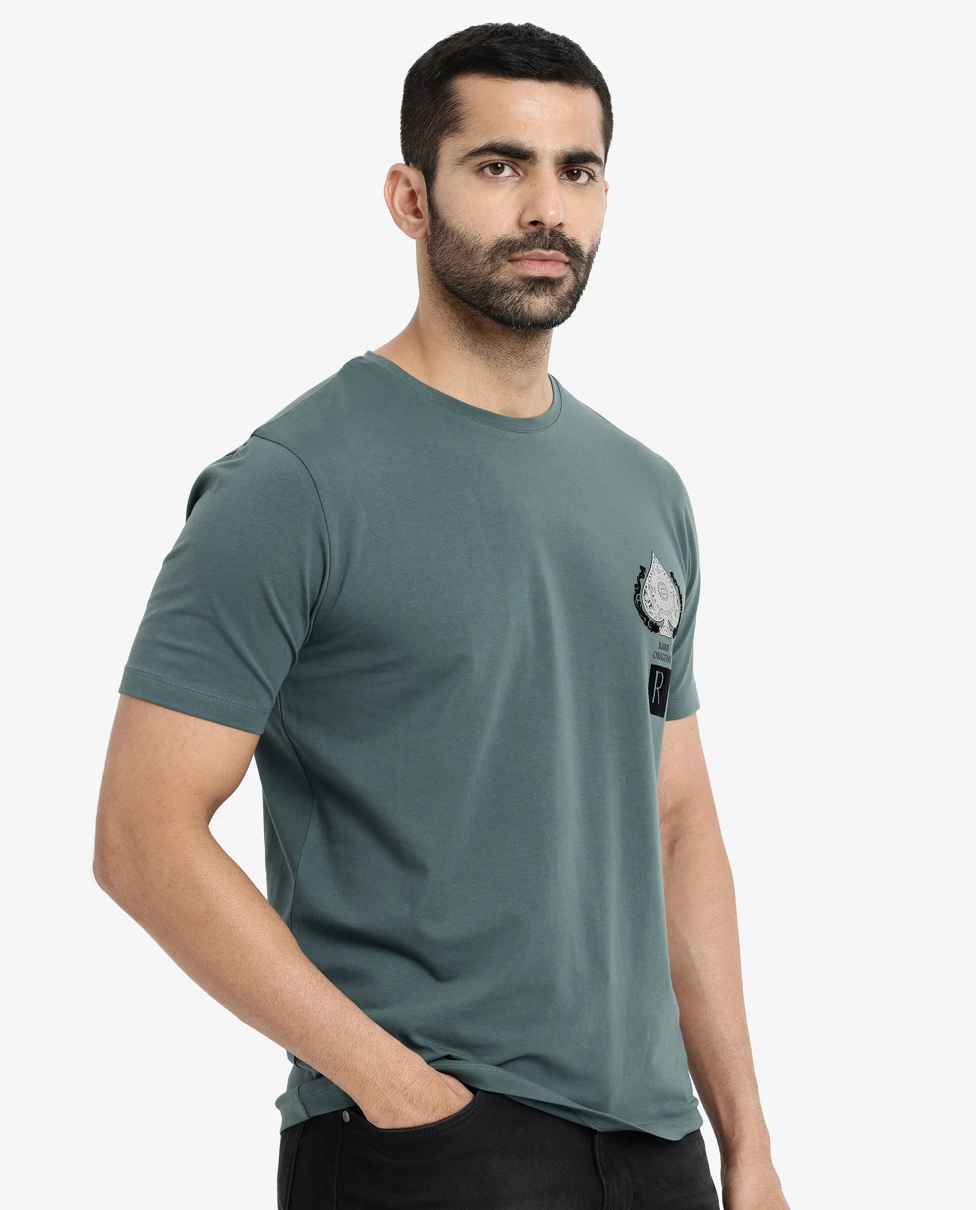 Rare Rabbit Men's Rabo Teal Cotton Graphic Print Regular Fit Half Sleeve Crew Neck T-Shirt - Image 5