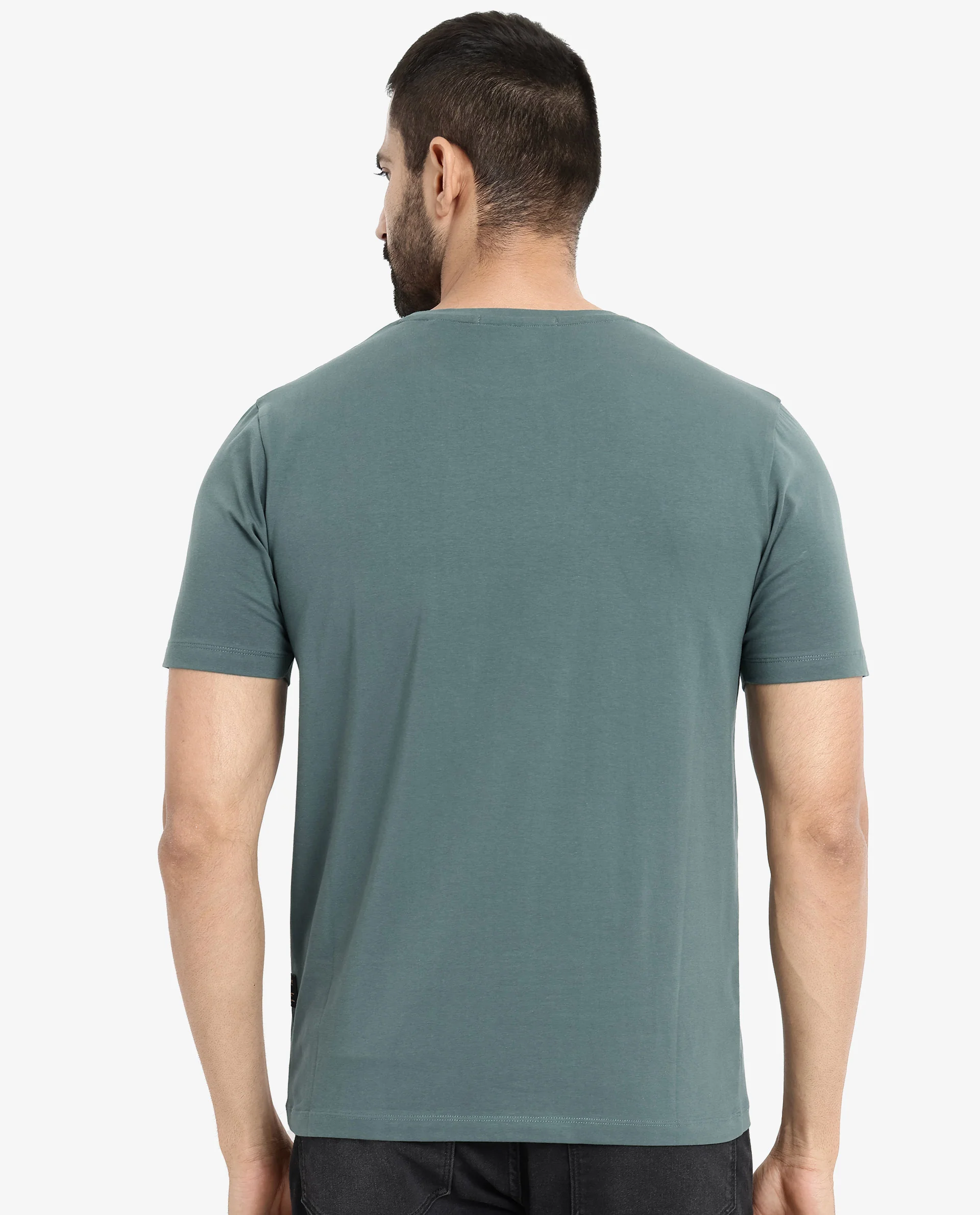 Rare Rabbit Men's Rabo Teal Cotton Graphic Print Regular Fit Half Sleeve Crew Neck T-Shirt - Image 6