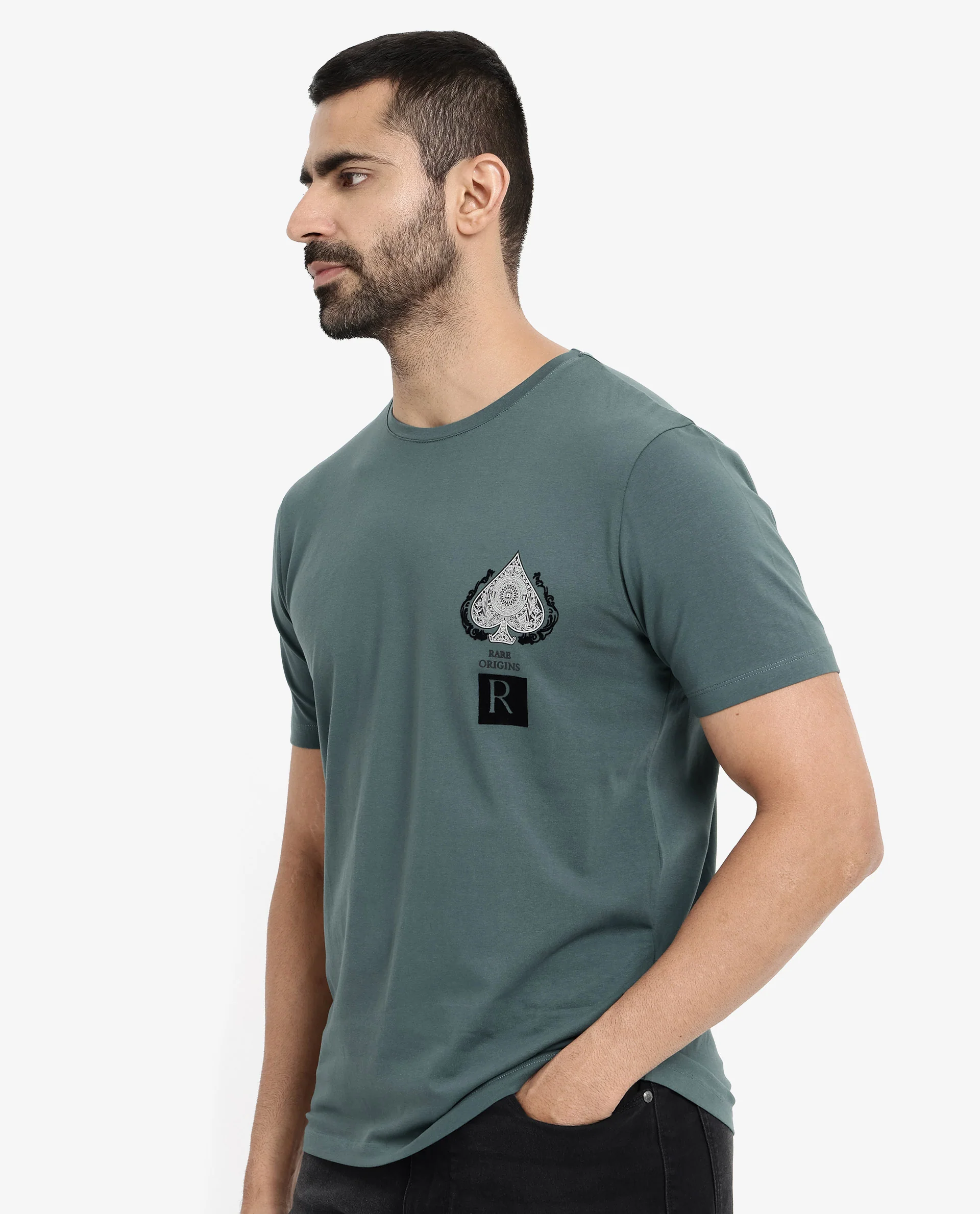 Rare Rabbit Men's Rabo Teal Cotton Graphic Print Regular Fit Half Sleeve Crew Neck T-Shirt - Image 7