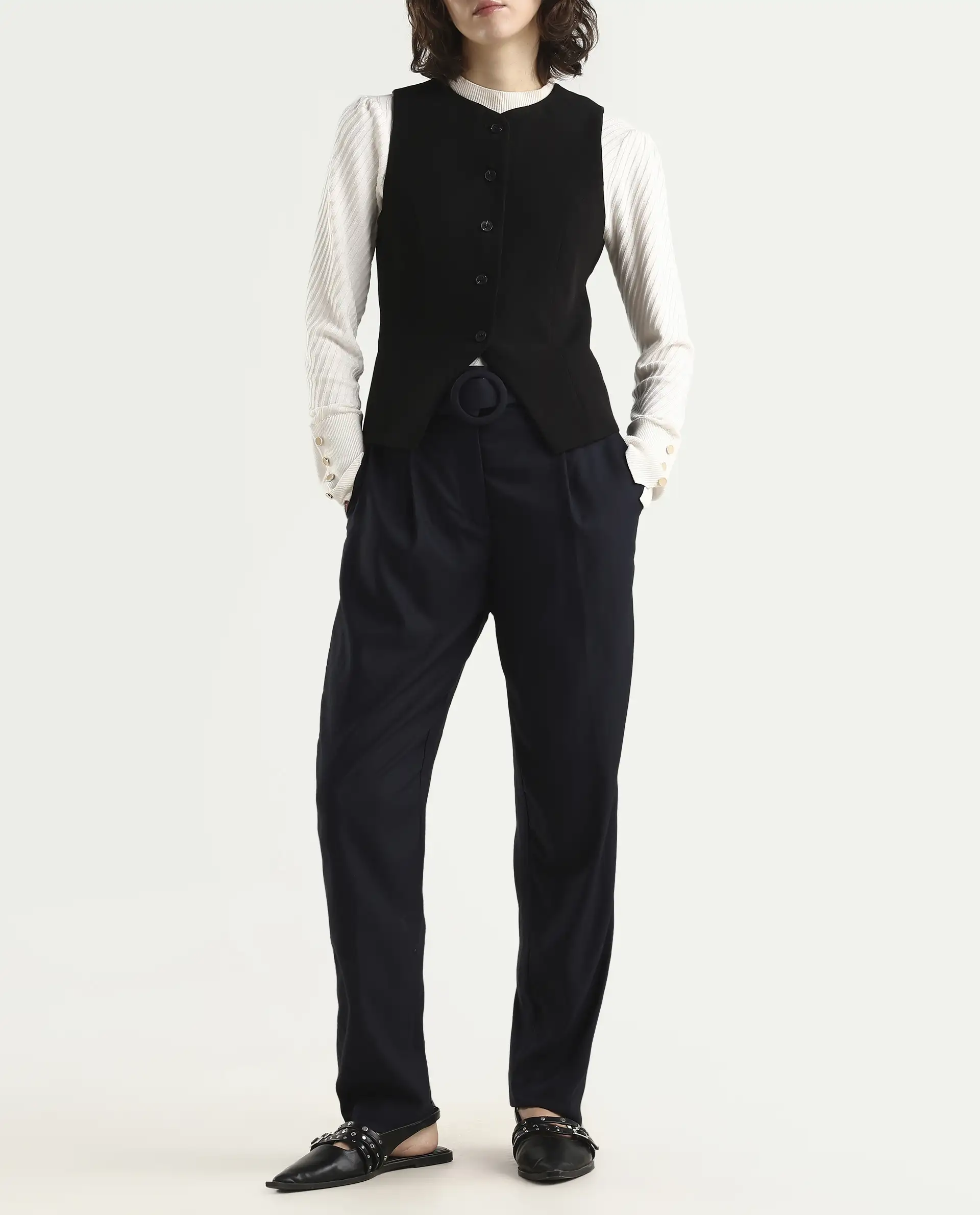 Rareism Women's Rachel Black Polyester Blend Plain Ankle Length Tailored Trouser - Image 2