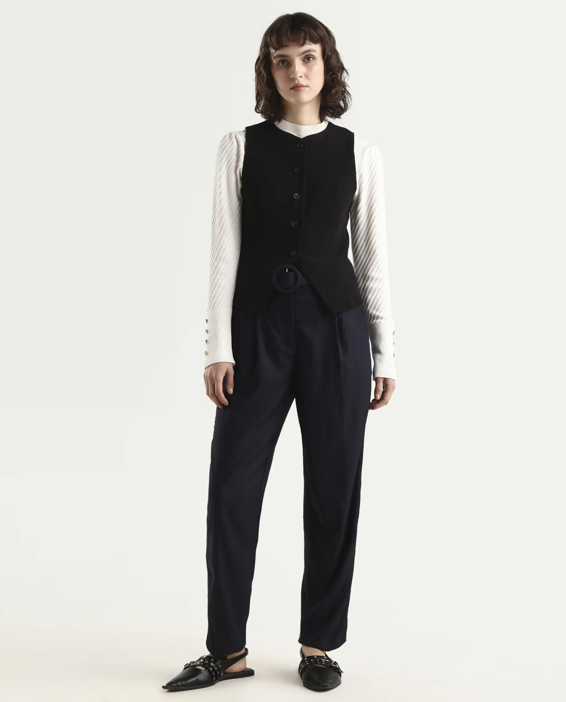 Rareism Women's Rachel Black Polyester Blend Plain Ankle Length Tailored Trouser - Image 3