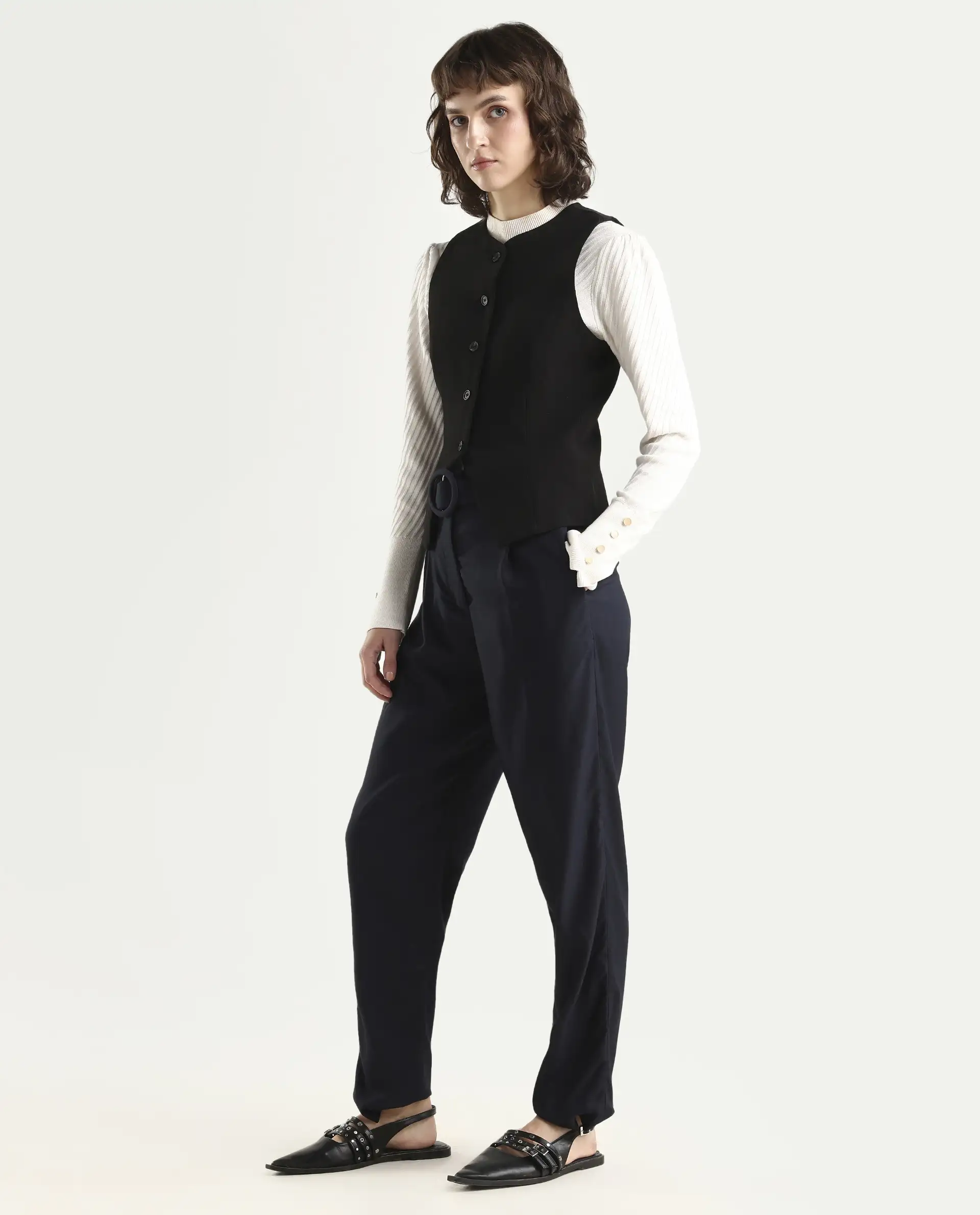 Rareism Women's Rachel Black Polyester Blend Plain Ankle Length Tailored Trouser - Image 5