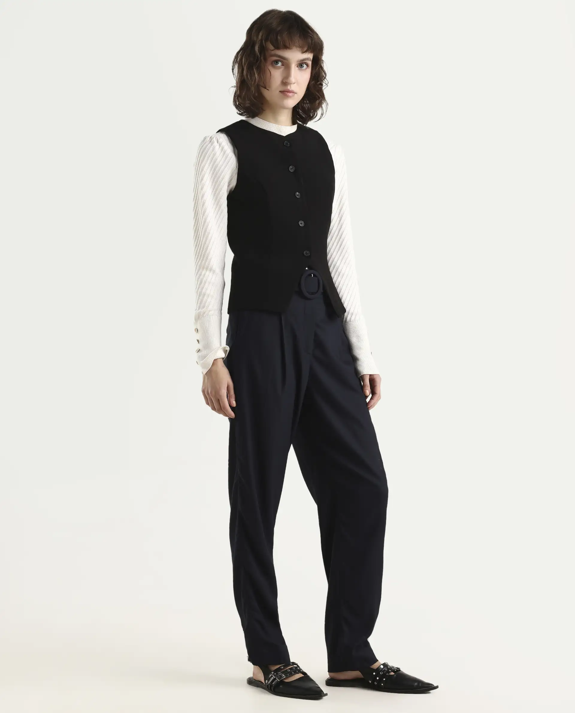 Rareism Women's Rachel Black Polyester Blend Plain Ankle Length Tailored Trouser - Image 6
