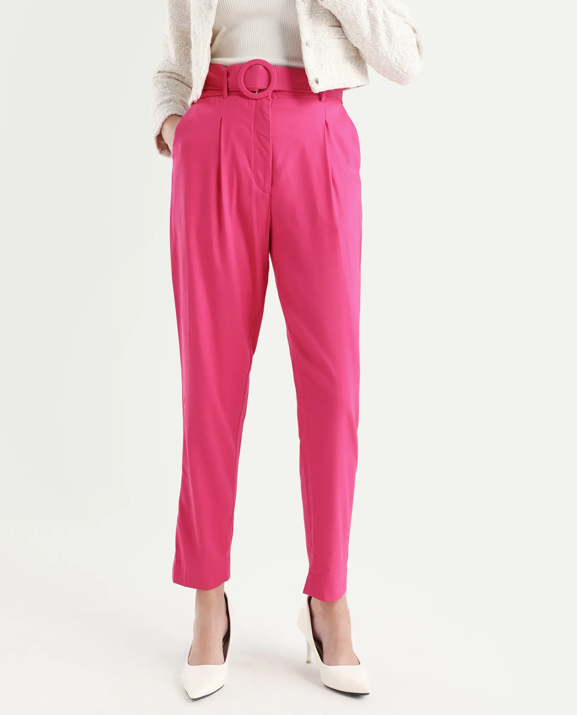 Rareism Women's Rachel Pink Polyester Blend Plain Ankle Length Tailored Trouser - Image 2